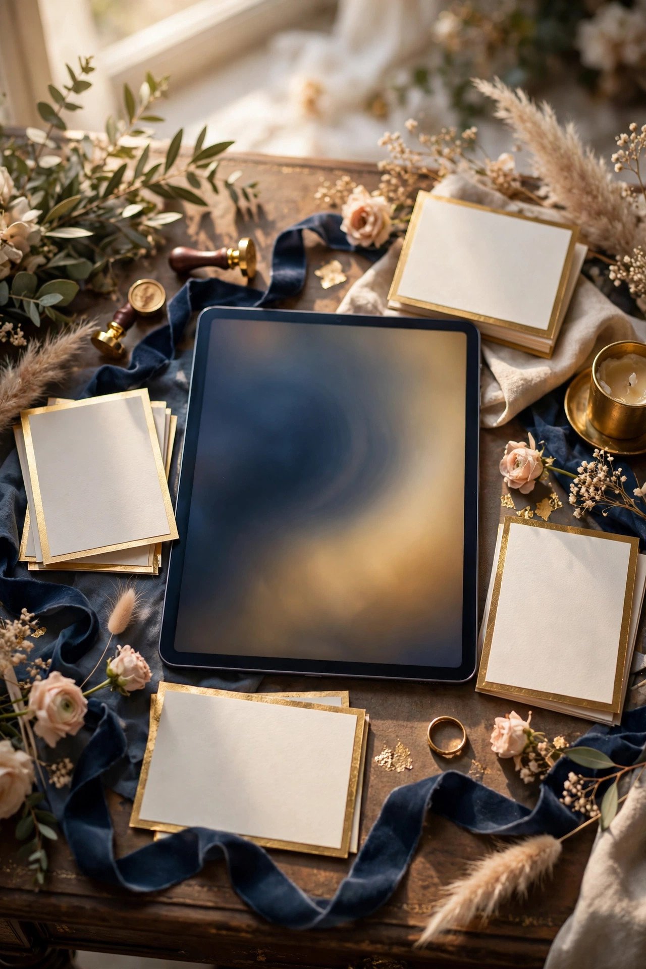 Navy, Gold and Classic Serif — wedding website design idea shown on a tablet mockup