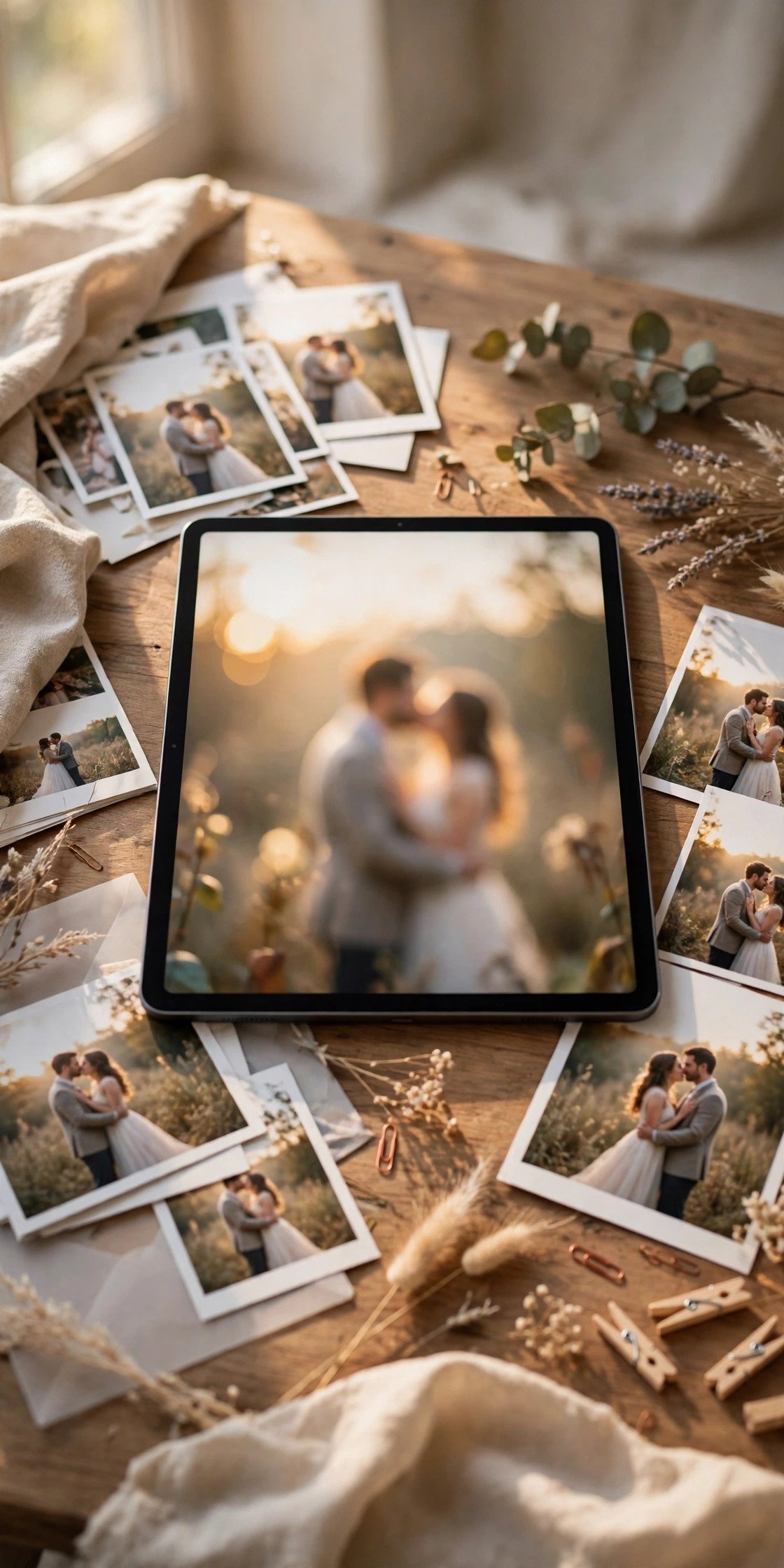 Full-Bleed Photo Hero — wedding website design idea shown on a tablet mockup