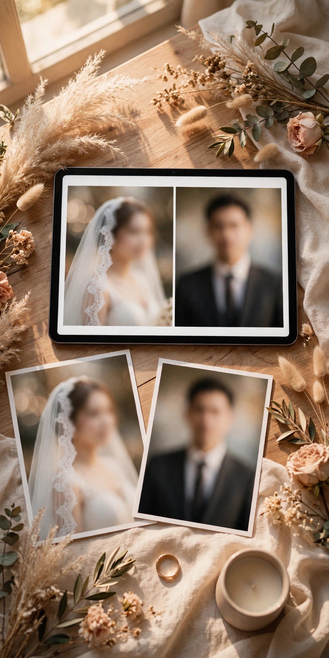 Split-Screen Couple Portraits — wedding website design idea shown on a tablet mockup