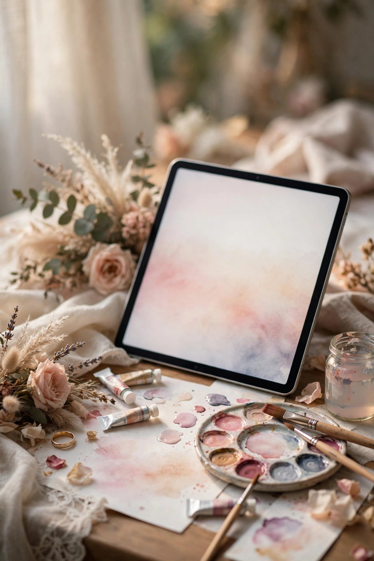 Watercolor Wash Backgrounds — wedding website design idea shown on a tablet mockup