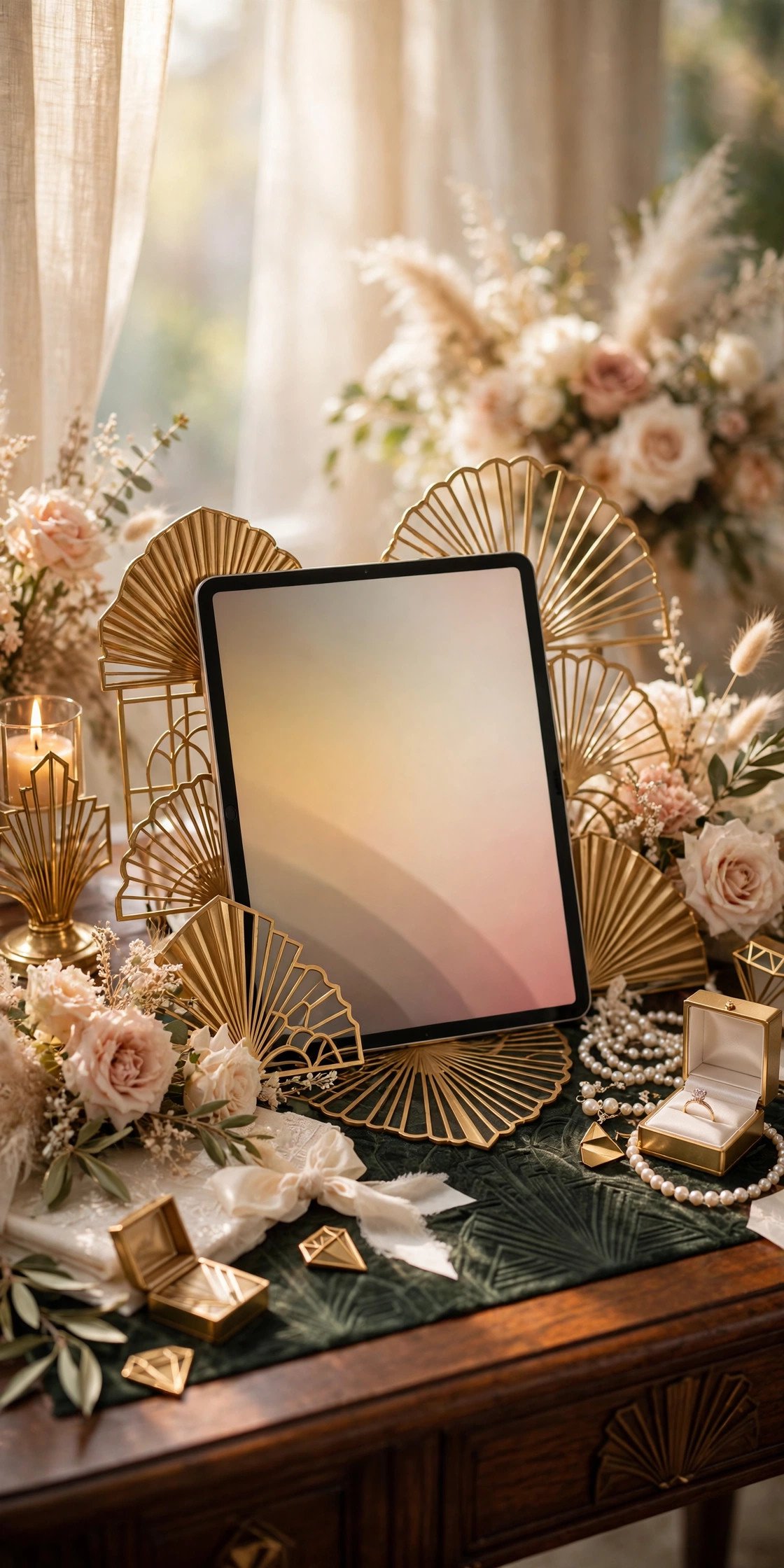 Art Deco Geometry — wedding website design idea shown on a tablet mockup