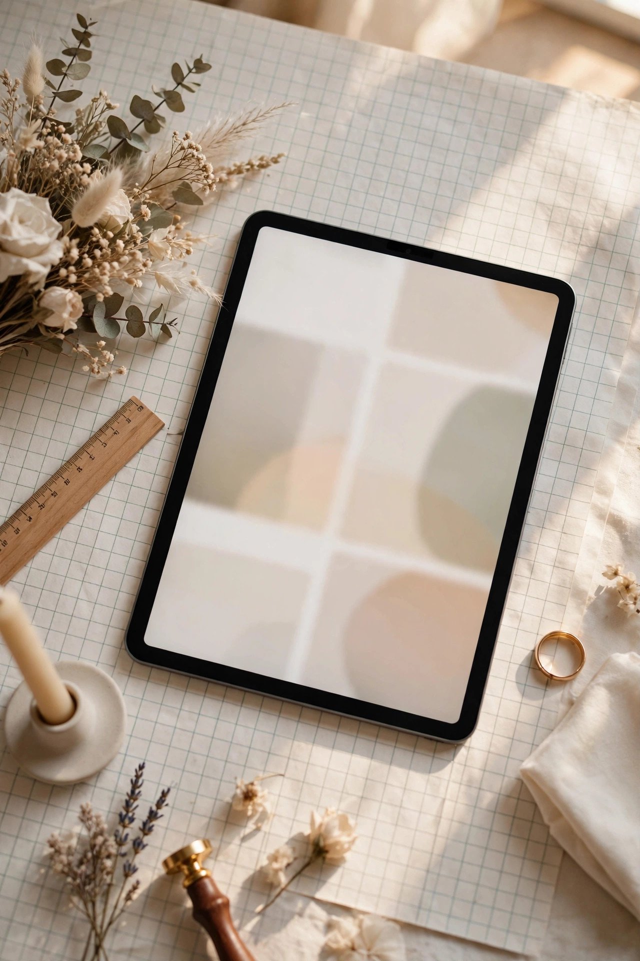 Minimal Grid With Big Numbers — wedding website design idea shown on a tablet mockup