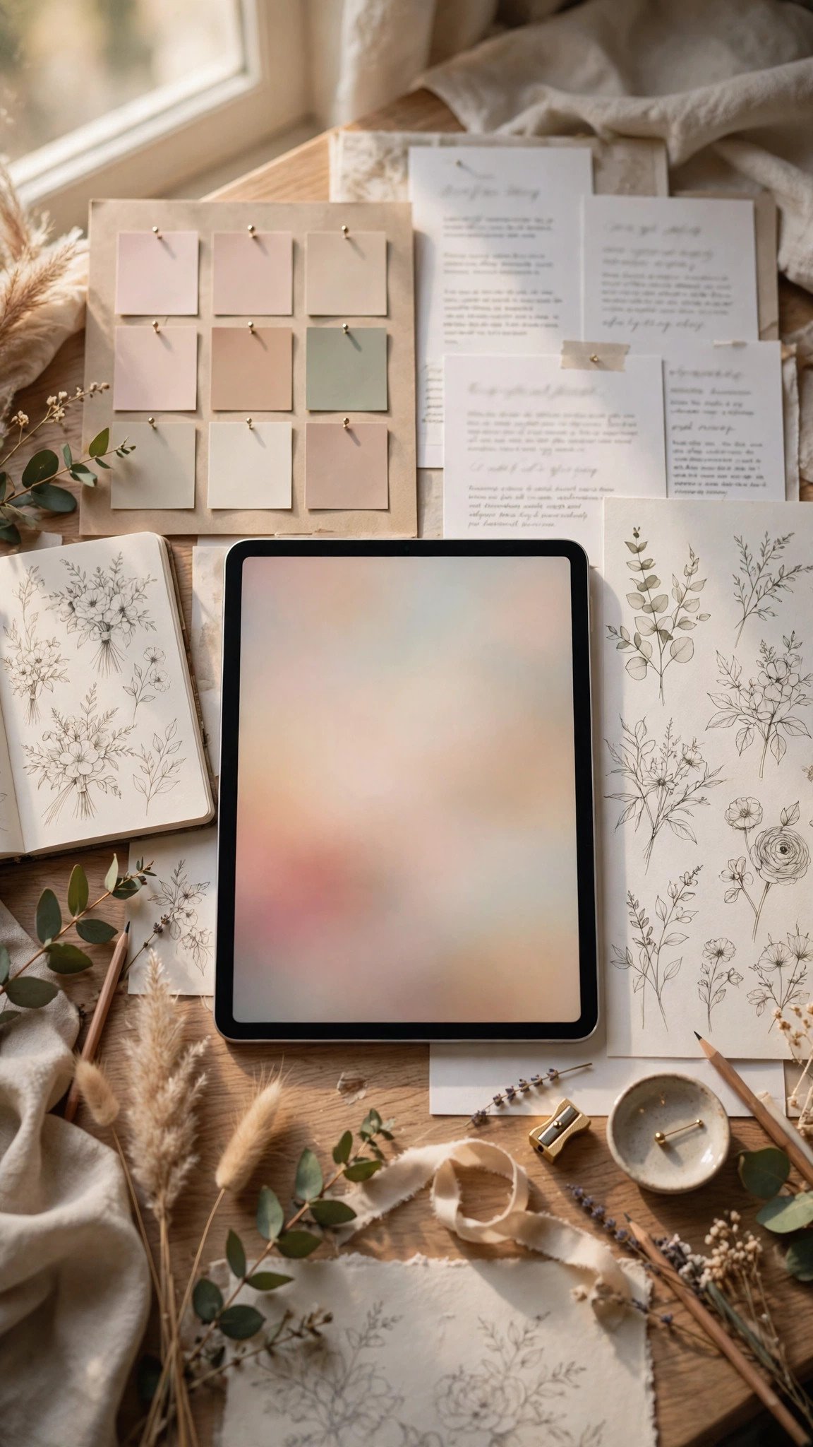 Mood board of wedding website design ideas with color swatches, fonts and floral sketches