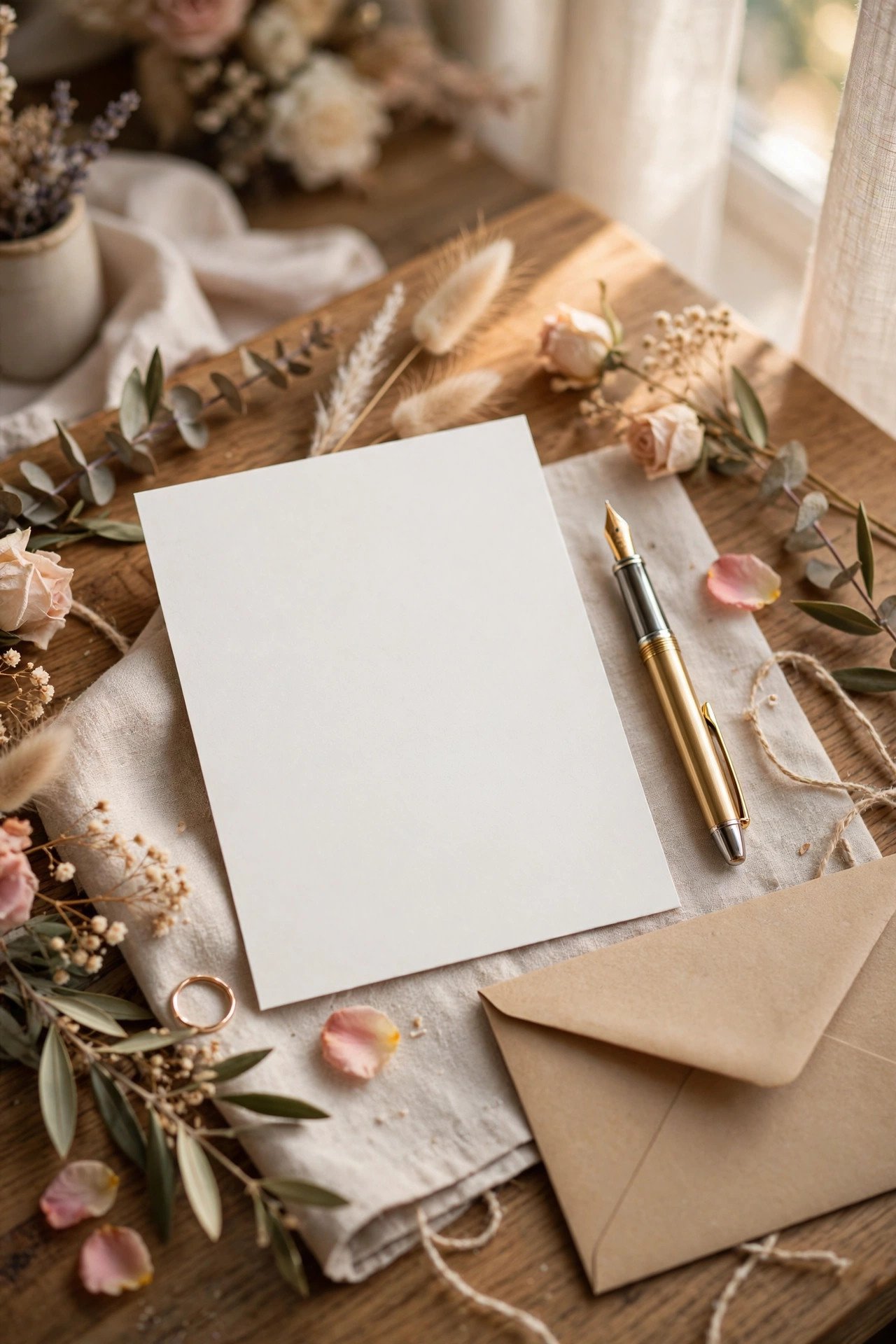 Classic Serif Announcement — wedding announcement card idea on a styled desk