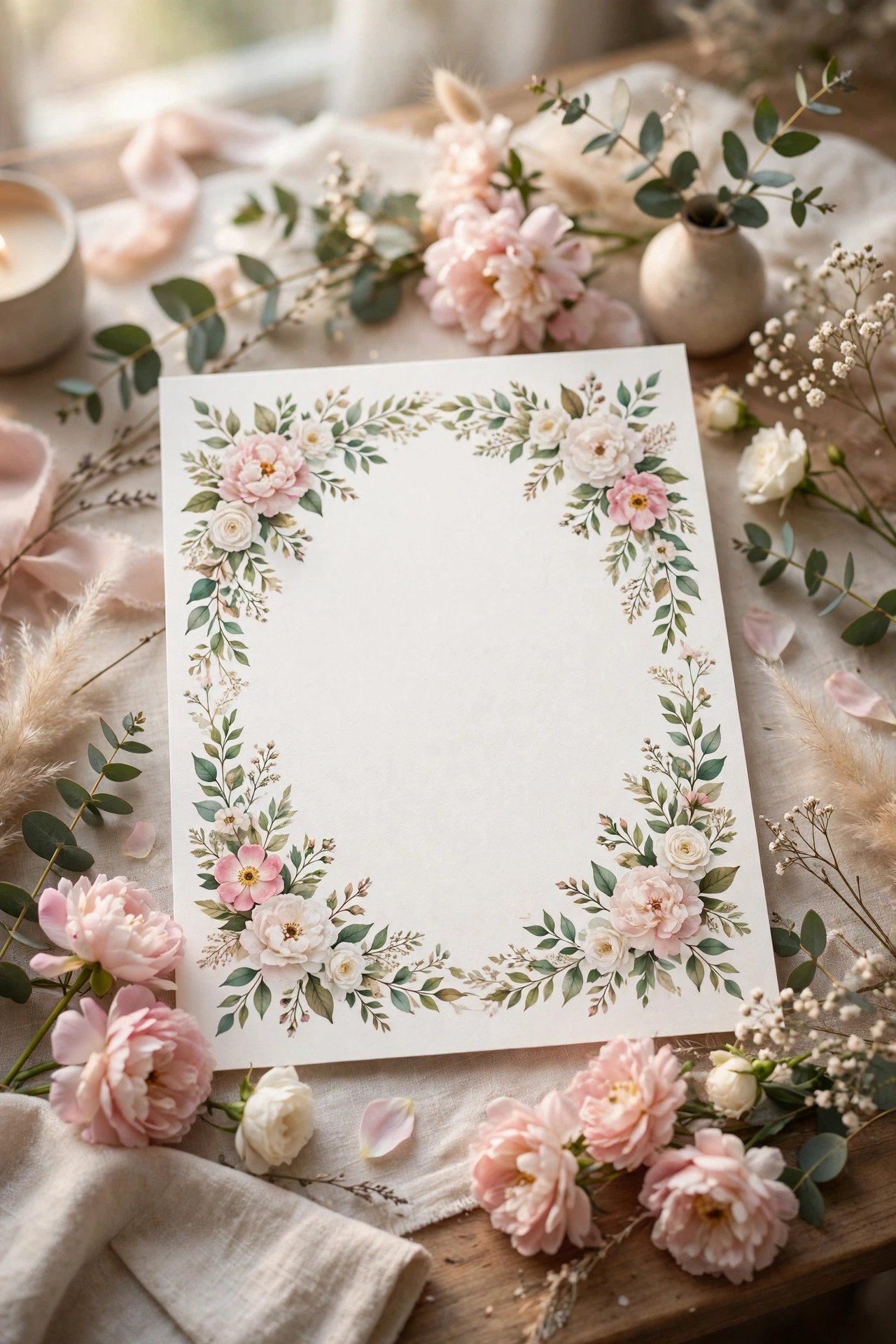 Floral Border Announcement — wedding announcement card idea on a styled desk