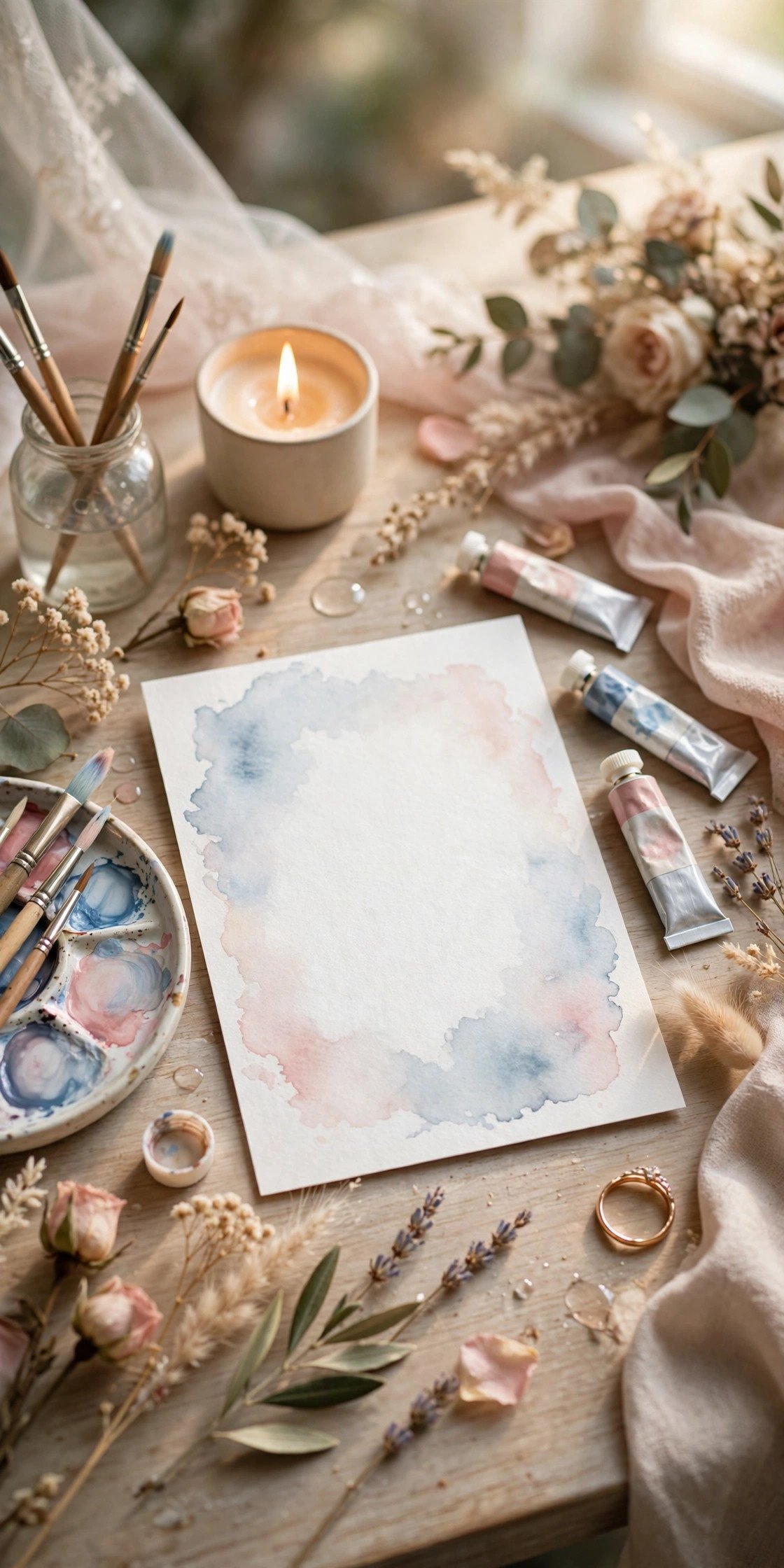 Watercolor Wash Announcement — wedding announcement card idea on a styled desk