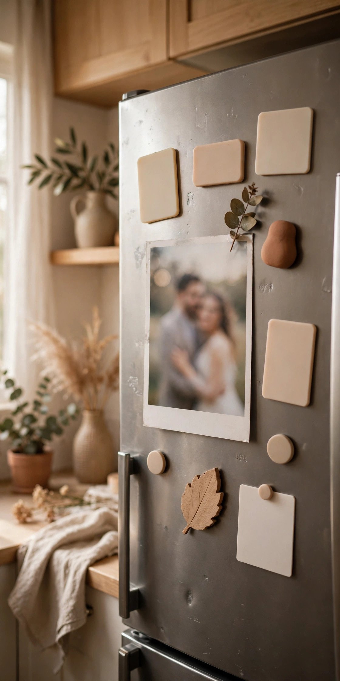 Fridge Magnet Announcement — wedding announcement card idea on a styled desk