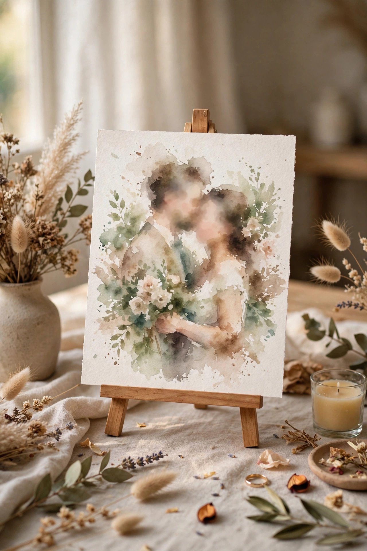 Illustrated Couple Portrait Card — wedding announcement card idea on a styled desk