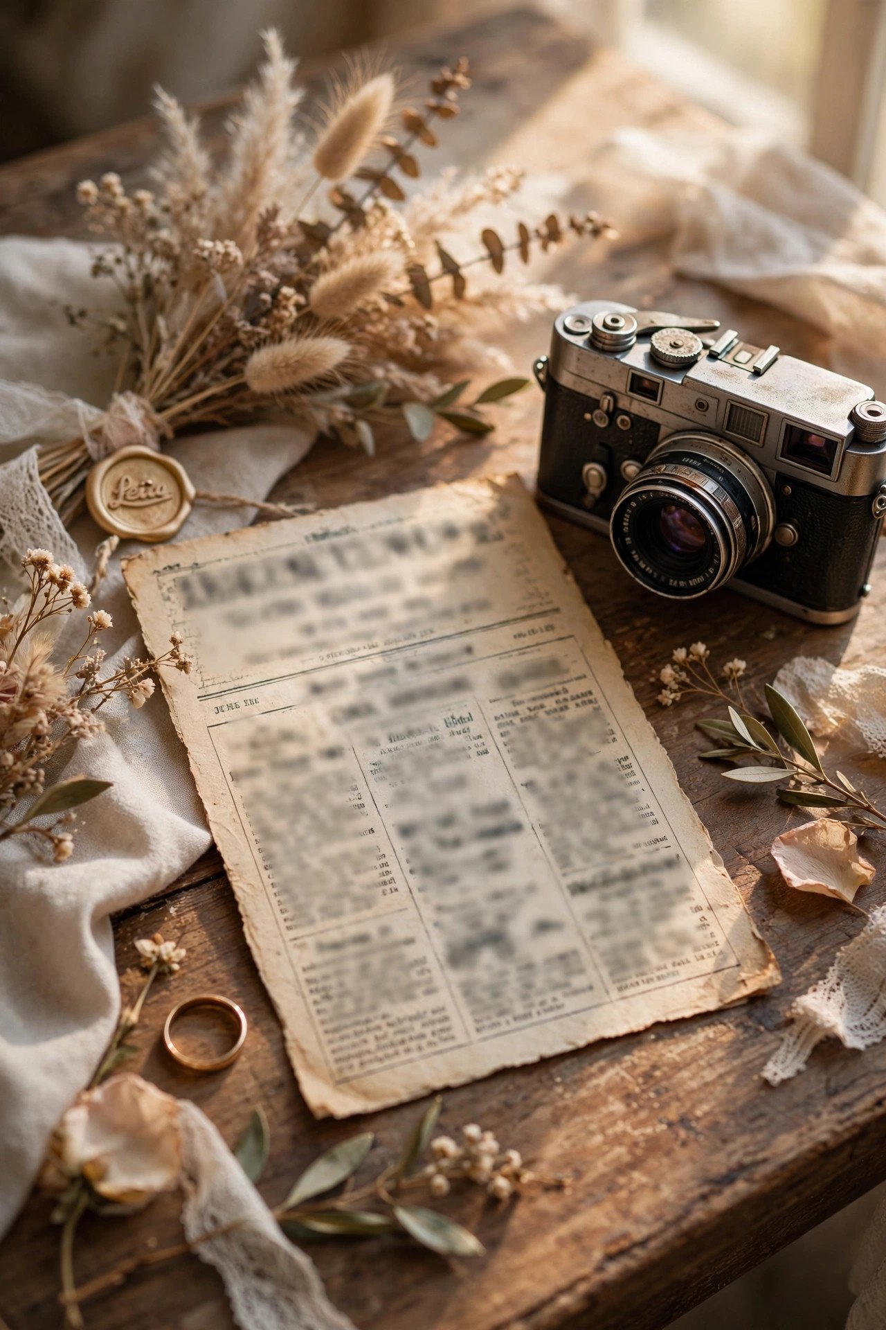 Vintage Newspaper-Style Card — wedding announcement card idea on a styled desk