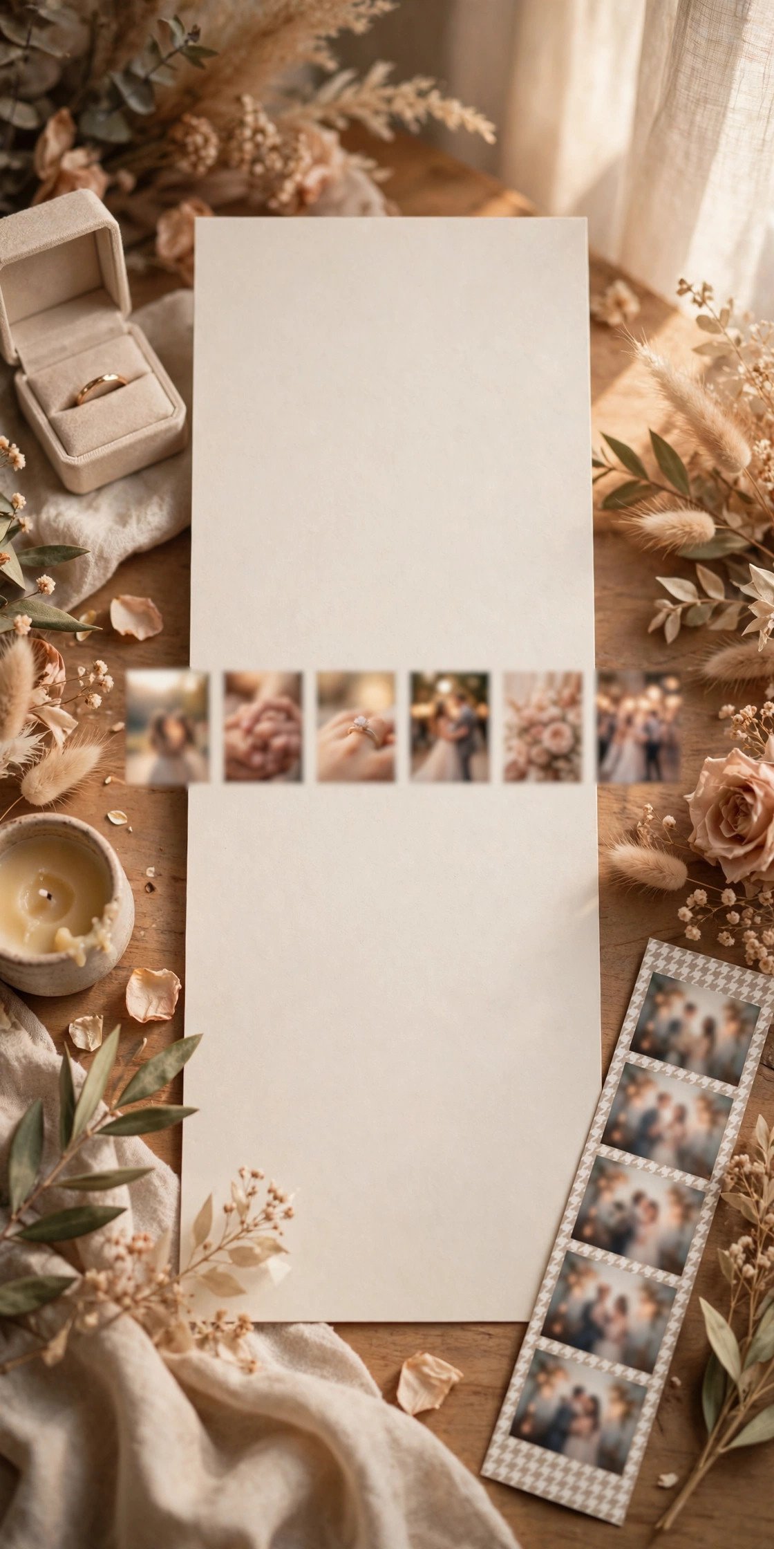 Timeline Story Card — wedding announcement card idea on a styled desk