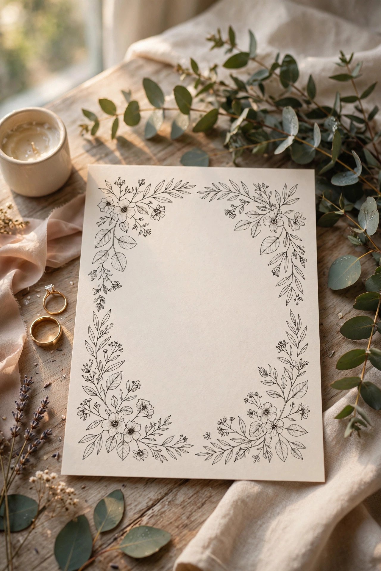 Botanical Line-Art Card — wedding announcement card idea on a styled desk