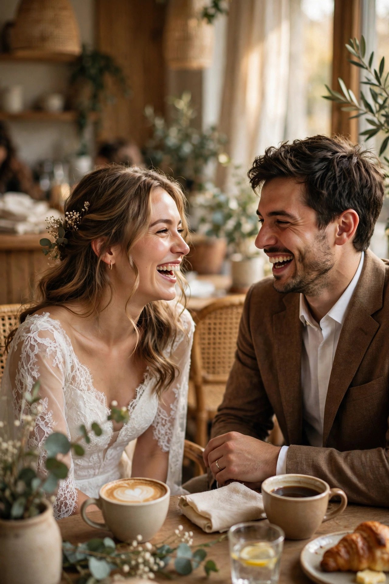 Couple laughing together on a cafe date, the kind of candid photo used on a wedding website love story page