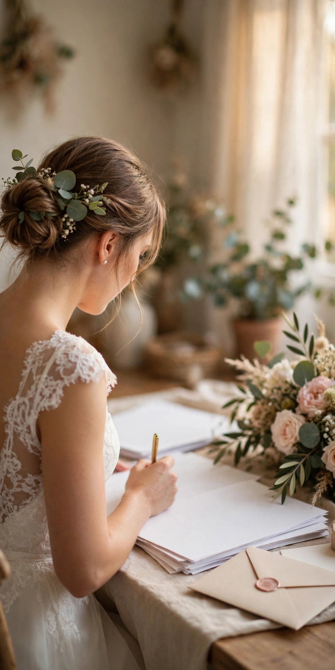 Newlywed updating documents with a marriage certificate during the after-wedding name change process