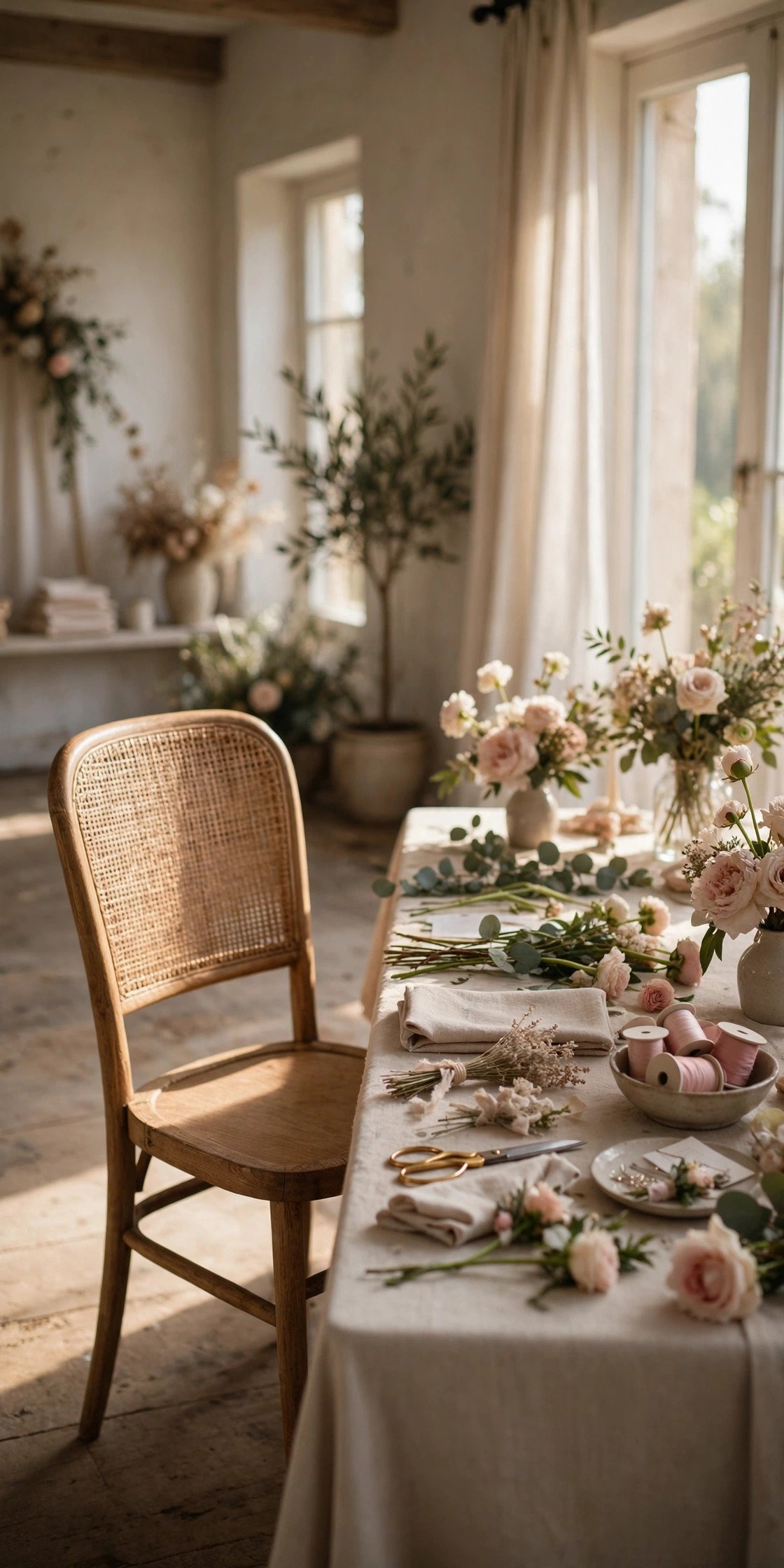Empty chair at a vendor station on the wedding morning