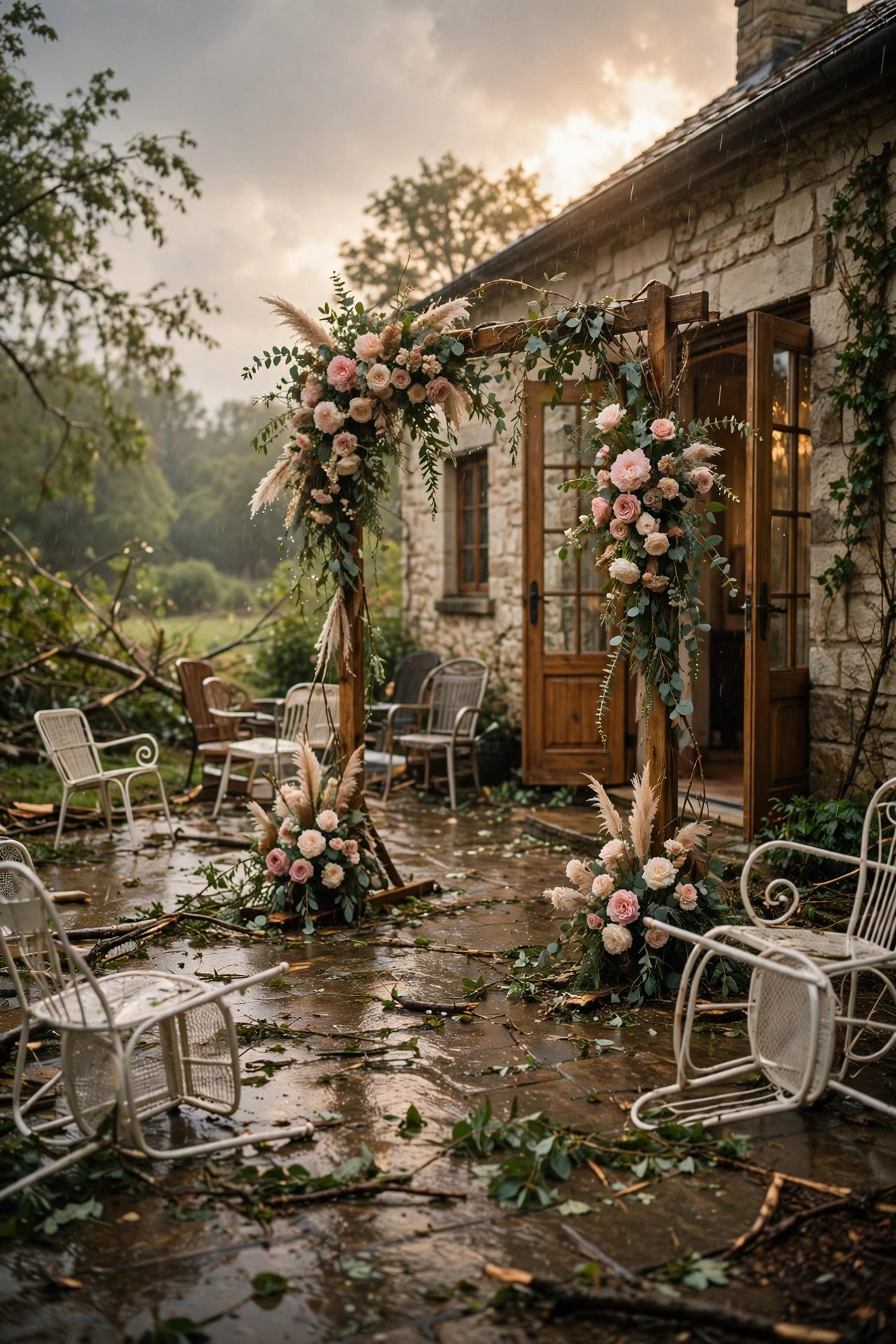 Storm damage photographed outside a wedding venue