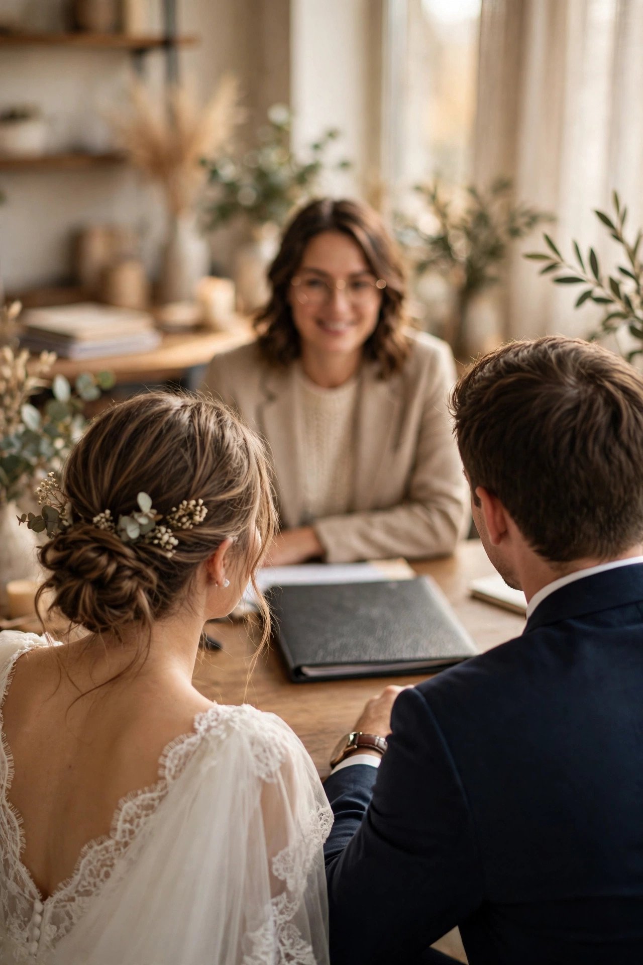 Couple meeting a professional adviser with their document folder