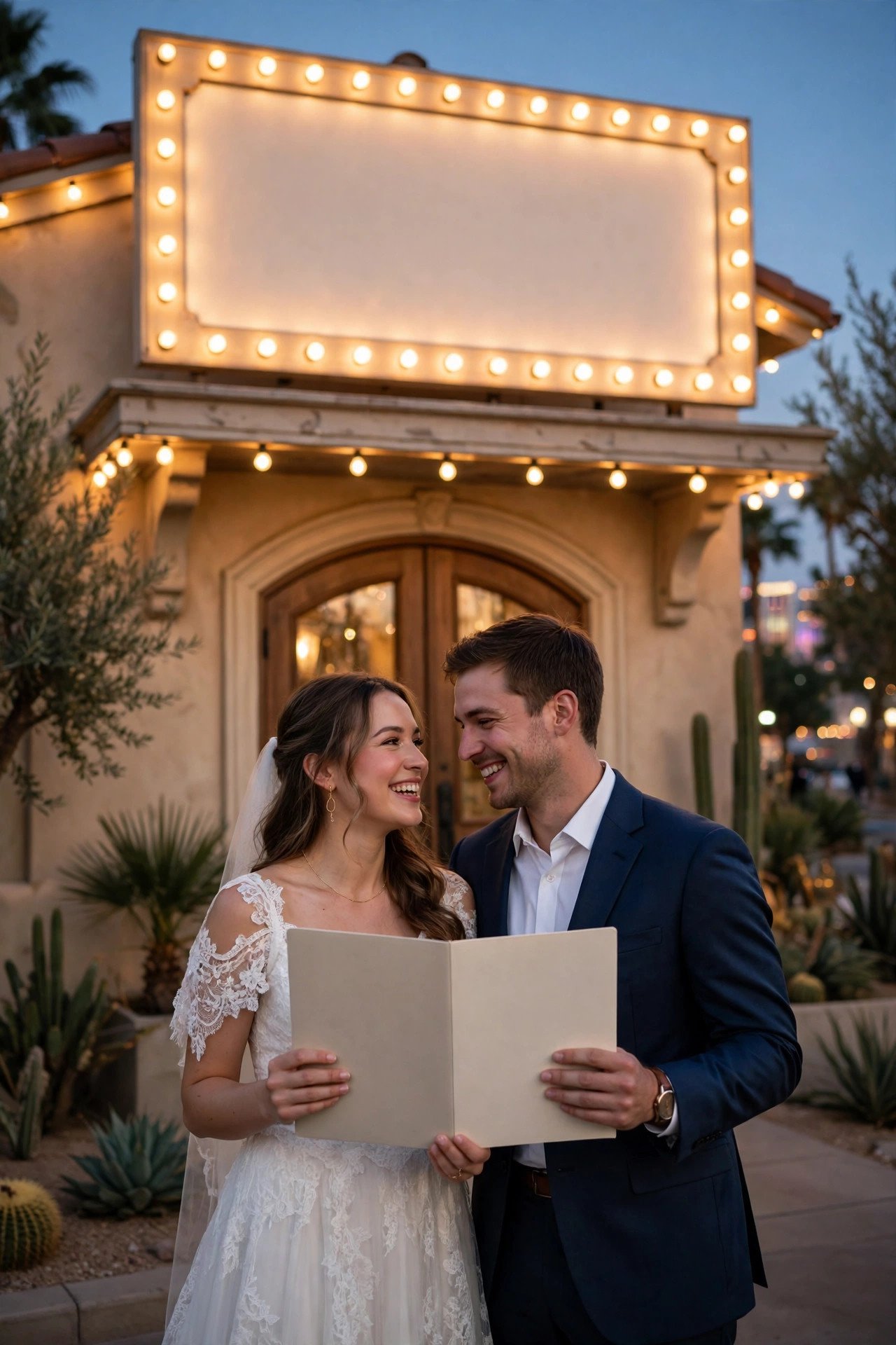 Couple outside a Las Vegas wedding chapel holding their marriage license paperwork