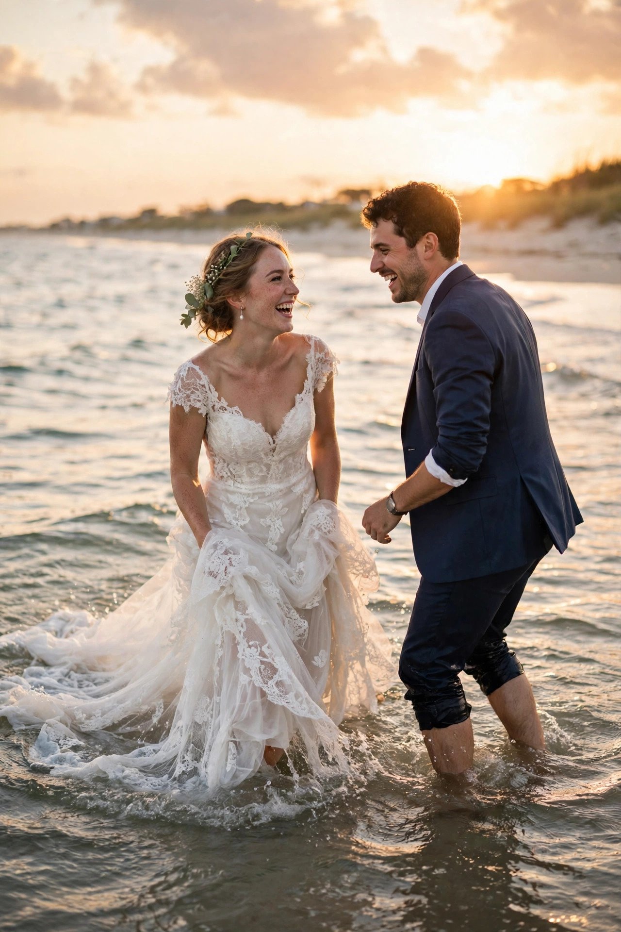 Trash-the-dress photo session: wade Into the Ocean at Sunset — post-wedding shoot concept