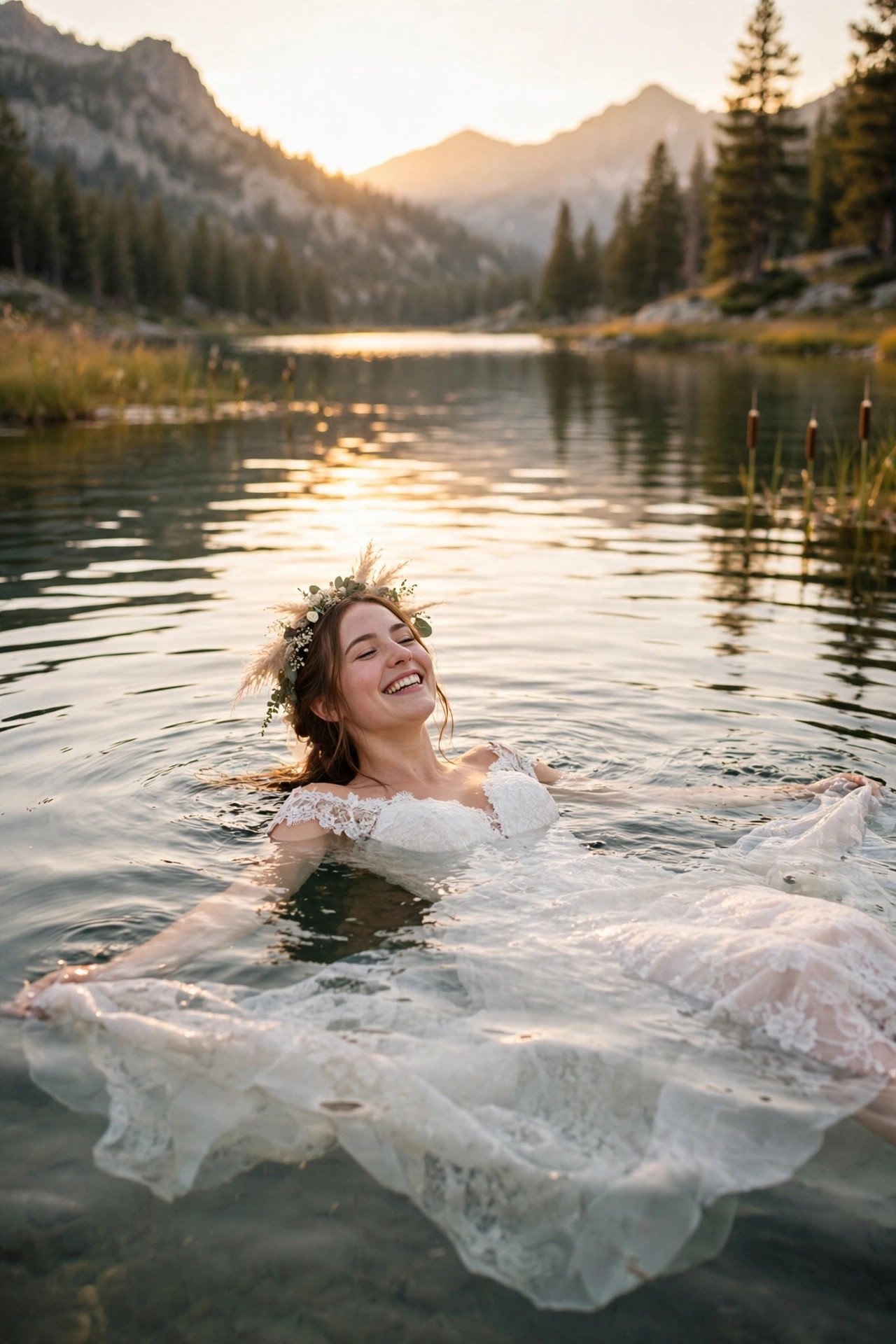 Trash-the-dress photo session: full Swim in a Calm Lake — post-wedding shoot concept
