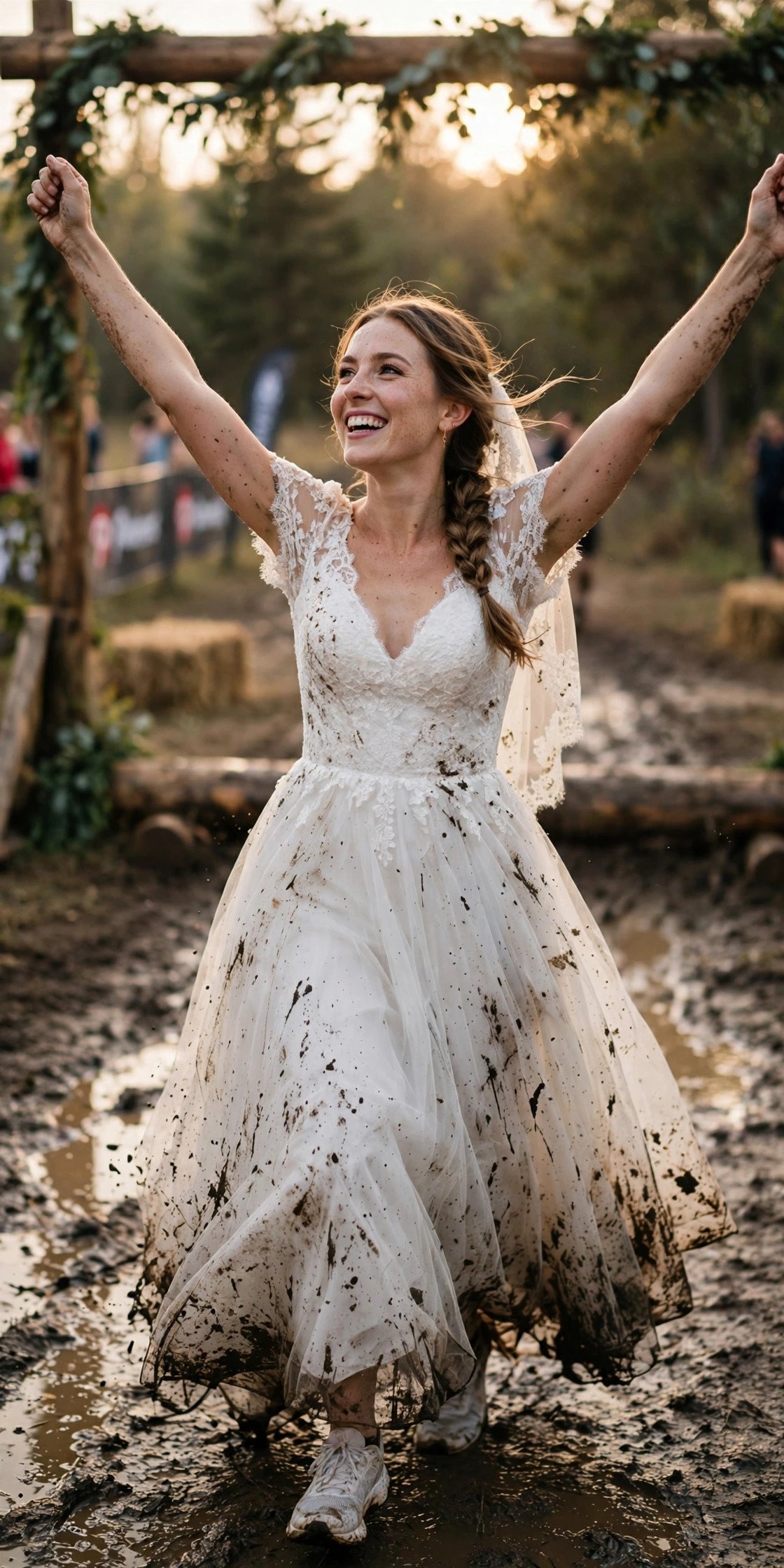 Trash-the-dress photo session: mud Run Finish Line — post-wedding shoot concept