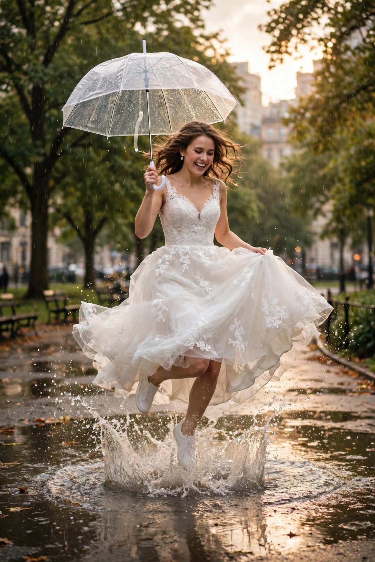 Trash-the-dress photo session: rainy-Day Puddle Jump — post-wedding shoot concept