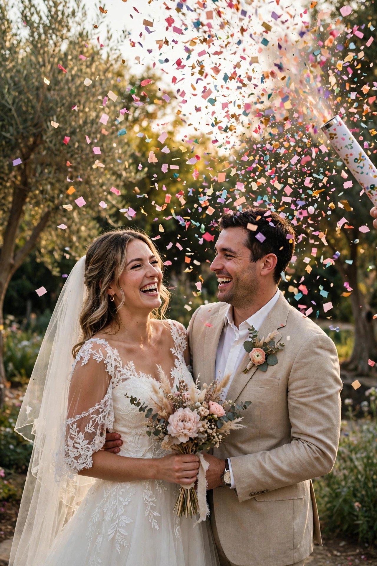 Trash-the-dress photo session: confetti Cannon Blast — post-wedding shoot concept