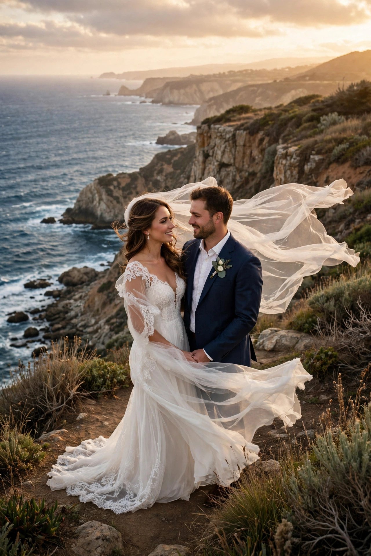 Trash-the-dress photo session: cliff-Edge Wind Session — post-wedding shoot concept