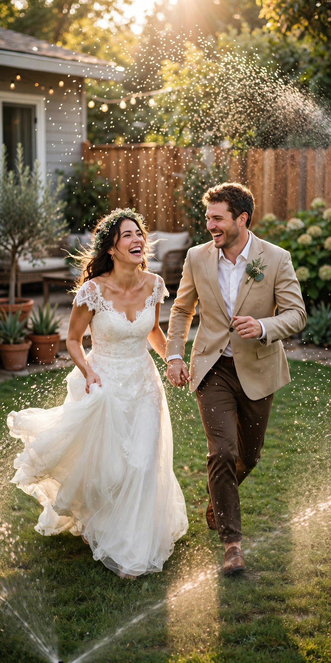 Trash-the-dress photo session: sprinkler Run at Home — post-wedding shoot concept