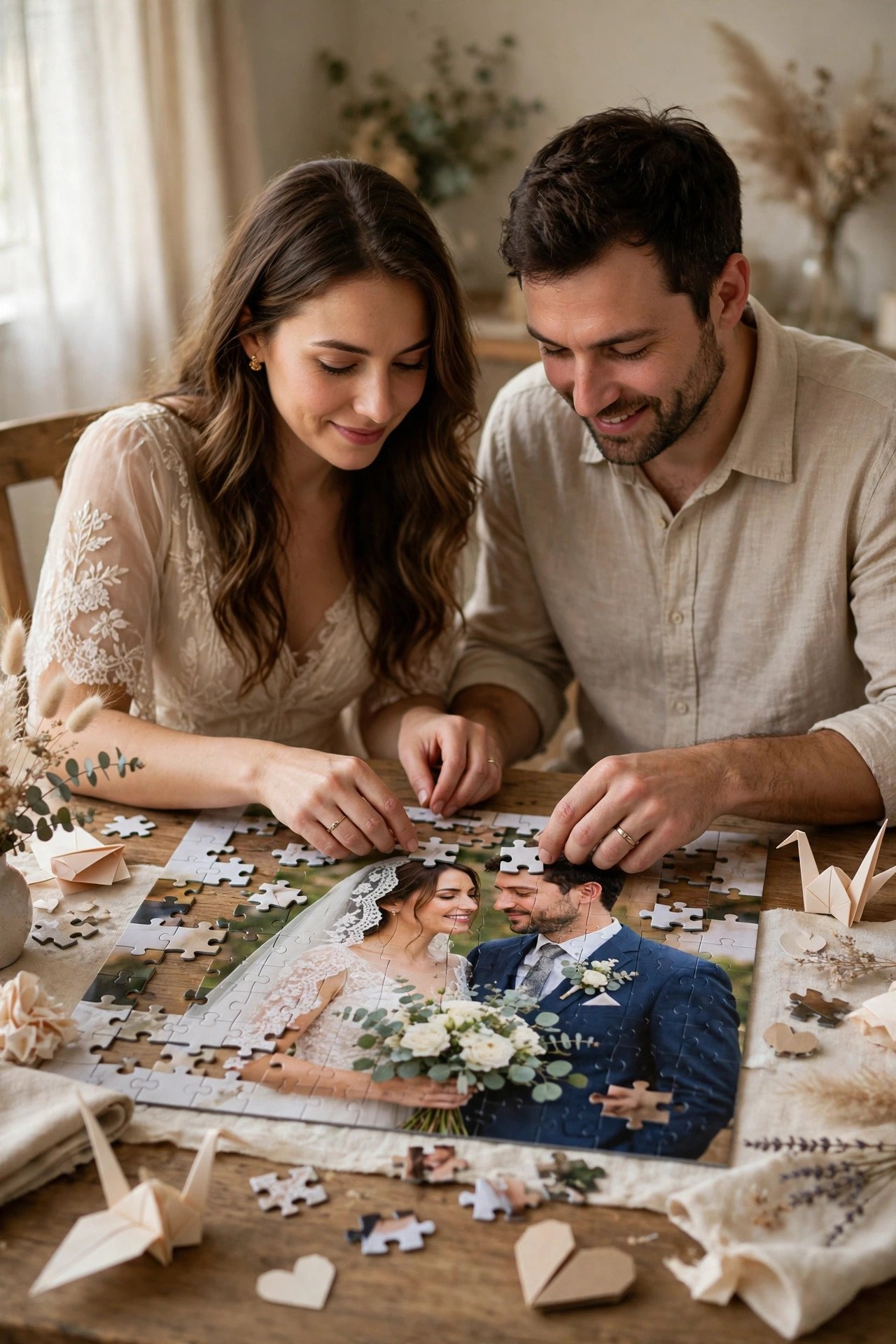 Paper anniversary gift idea: jigsaw Puzzle From Your Wedding Photo — a traditional first anniversary present
