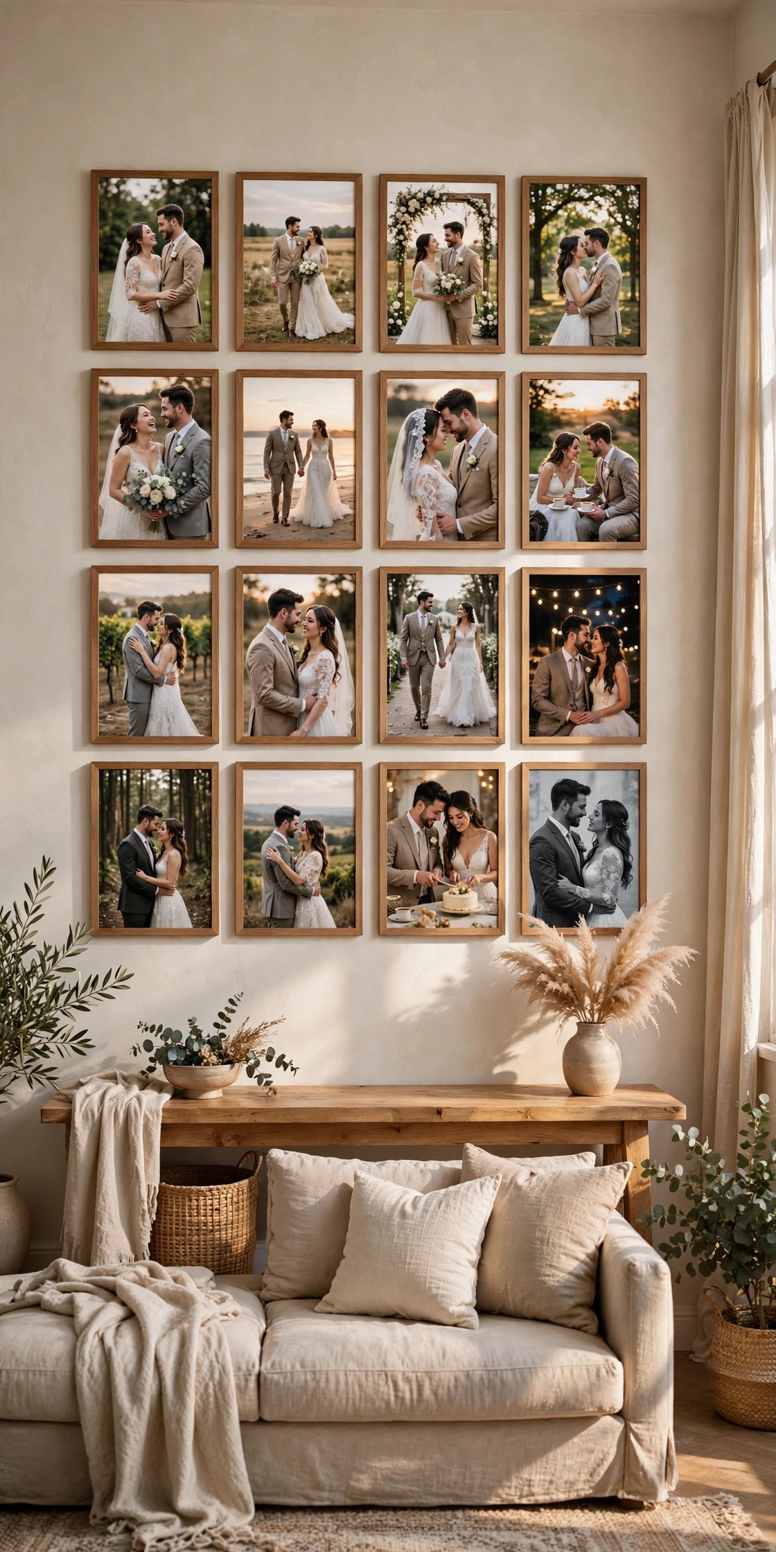 Gallery wall idea: classic Symmetrical Grid — arranged wedding photos on a home wall