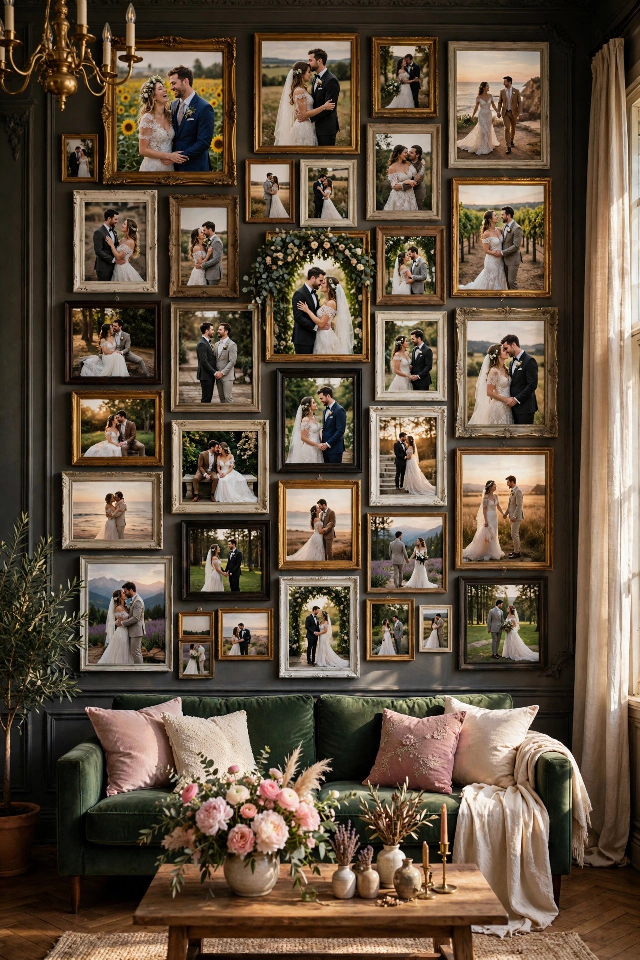 Gallery wall idea: salon-Style Floor-to-Ceiling Mix — arranged wedding photos on a home wall