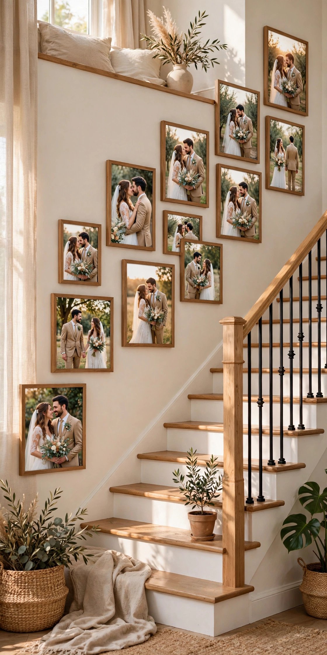 Gallery wall idea: staircase Ascent Layout — arranged wedding photos on a home wall