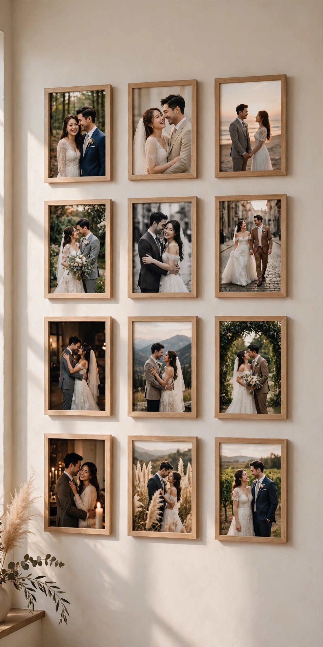 Gallery wall idea: single-Size Uniform Frames — arranged wedding photos on a home wall
