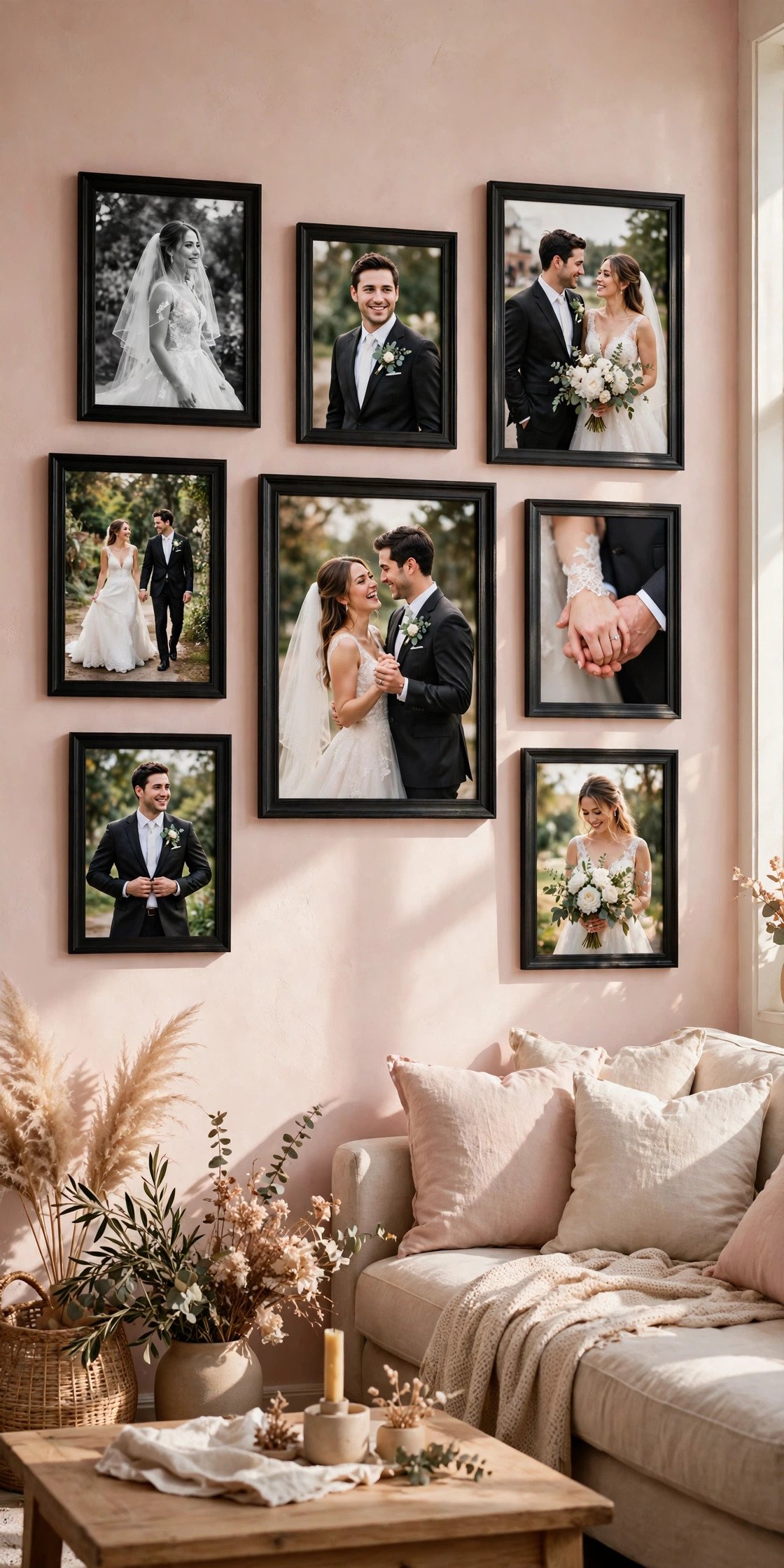 Gallery wall idea: black Frames on a Blush Wall — arranged wedding photos on a home wall