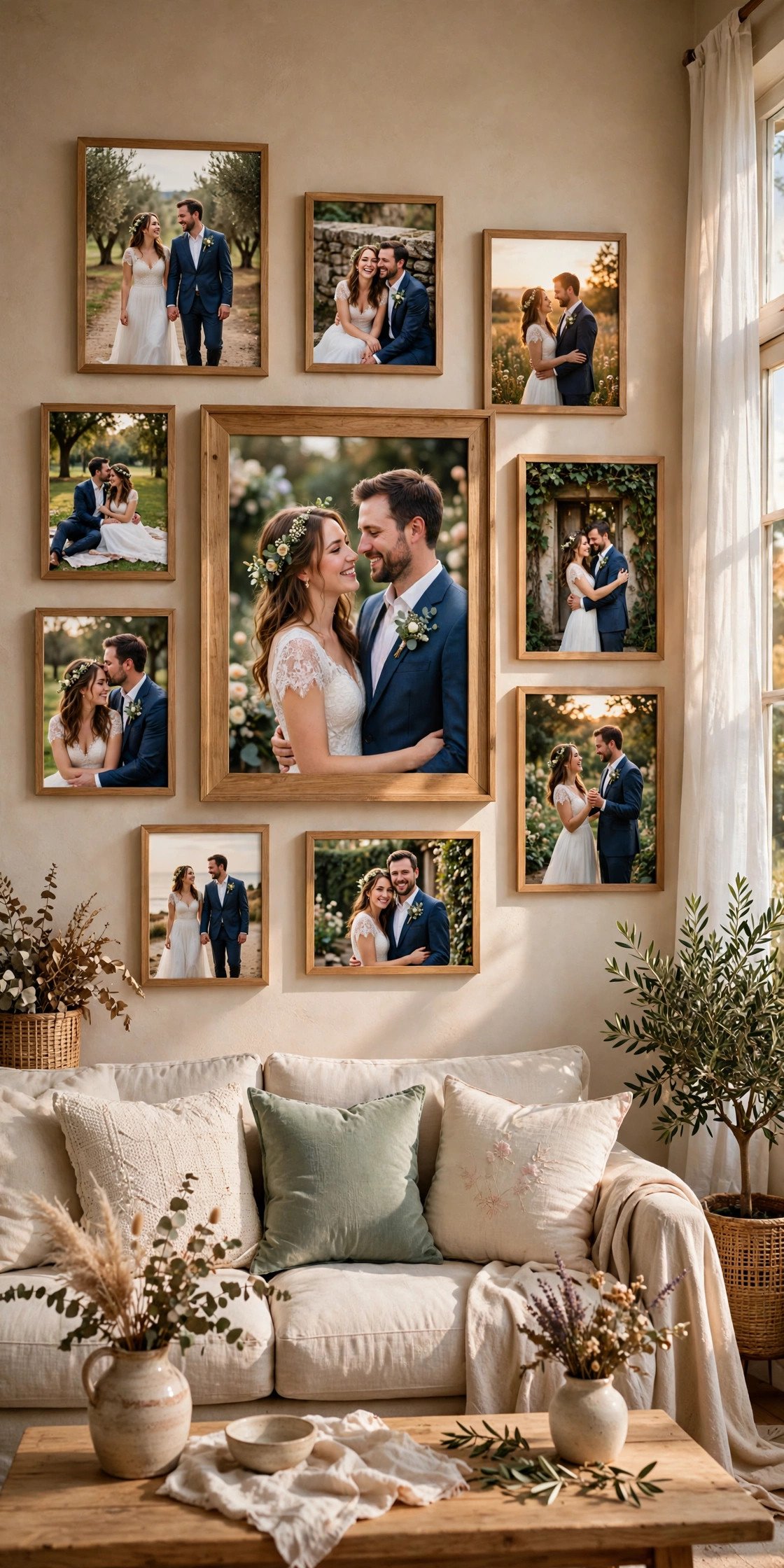 Gallery wall idea: centerpiece Portrait With Satellites — arranged wedding photos on a home wall