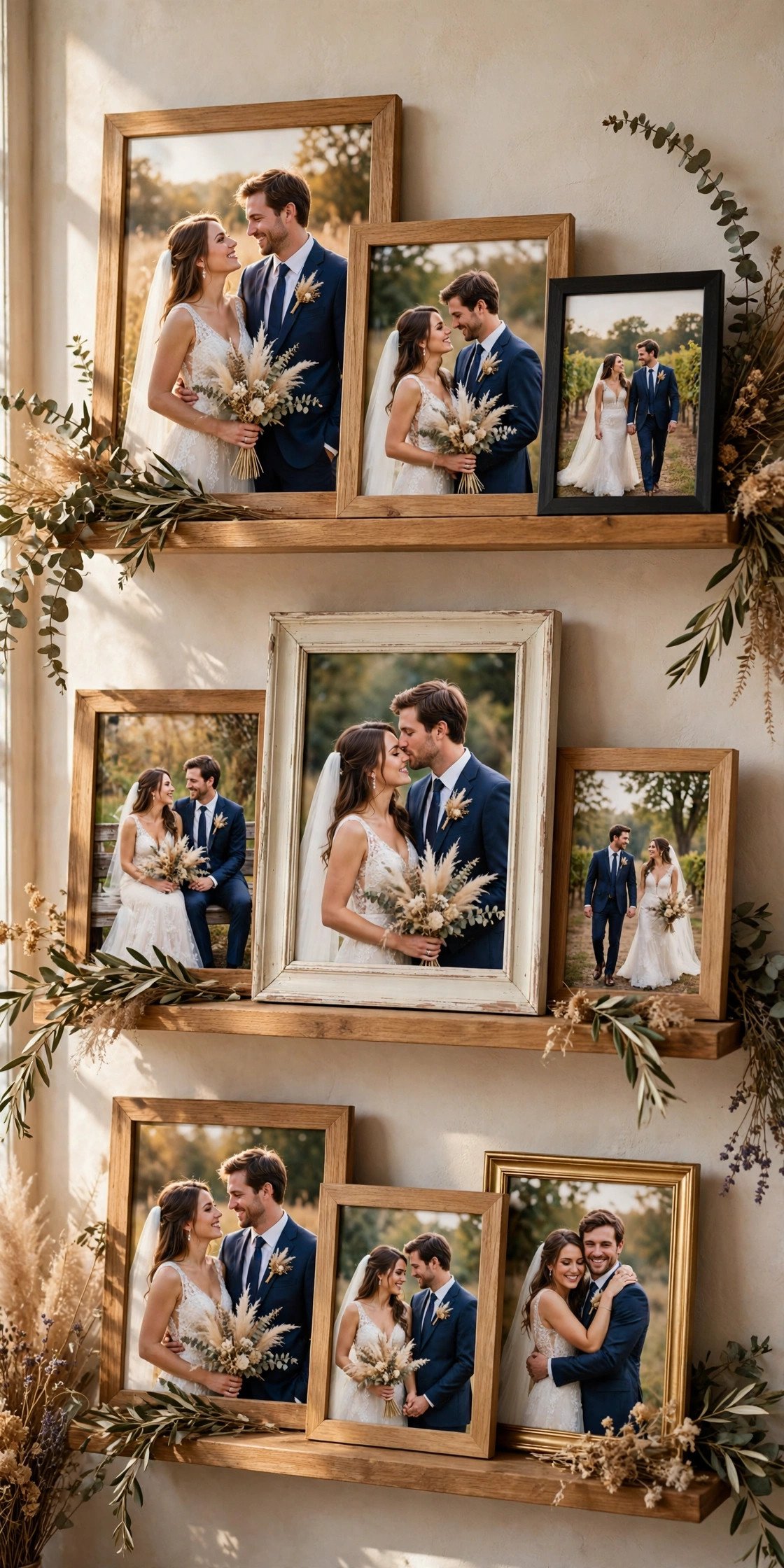 Gallery wall idea: picture Ledge Layering — arranged wedding photos on a home wall