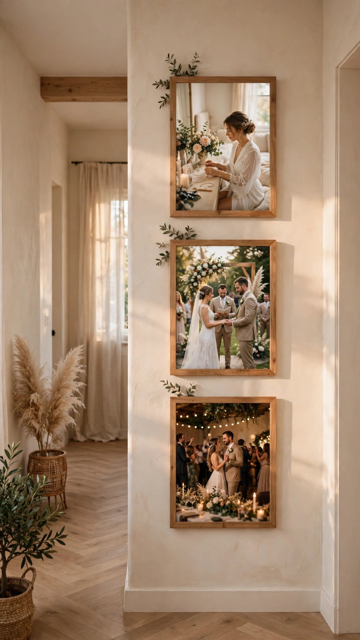 Gallery wall idea: timeline Story Wall — arranged wedding photos on a home wall