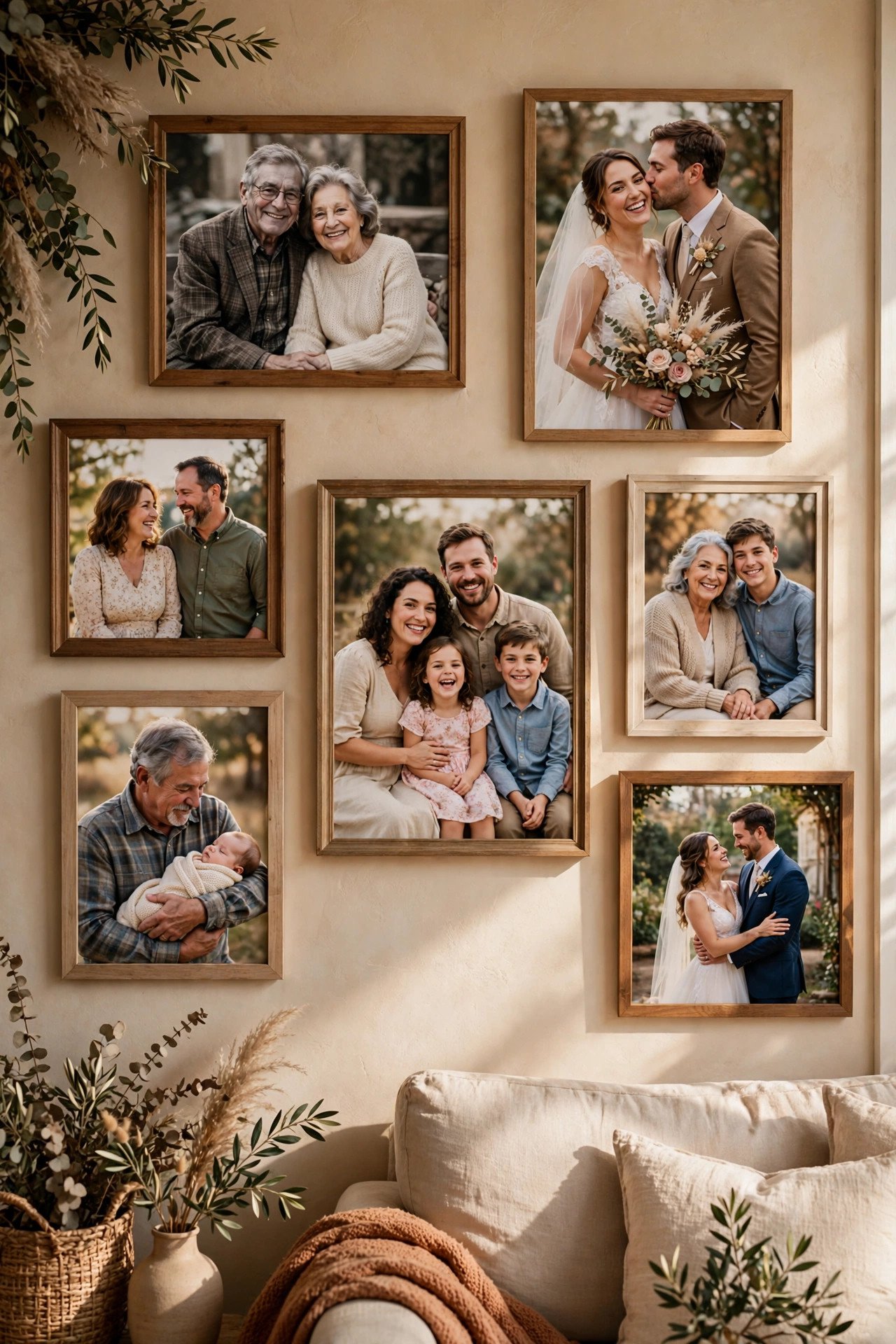 Gallery wall idea: family Photos Mixed With Wedding Shots — arranged wedding photos on a home wall