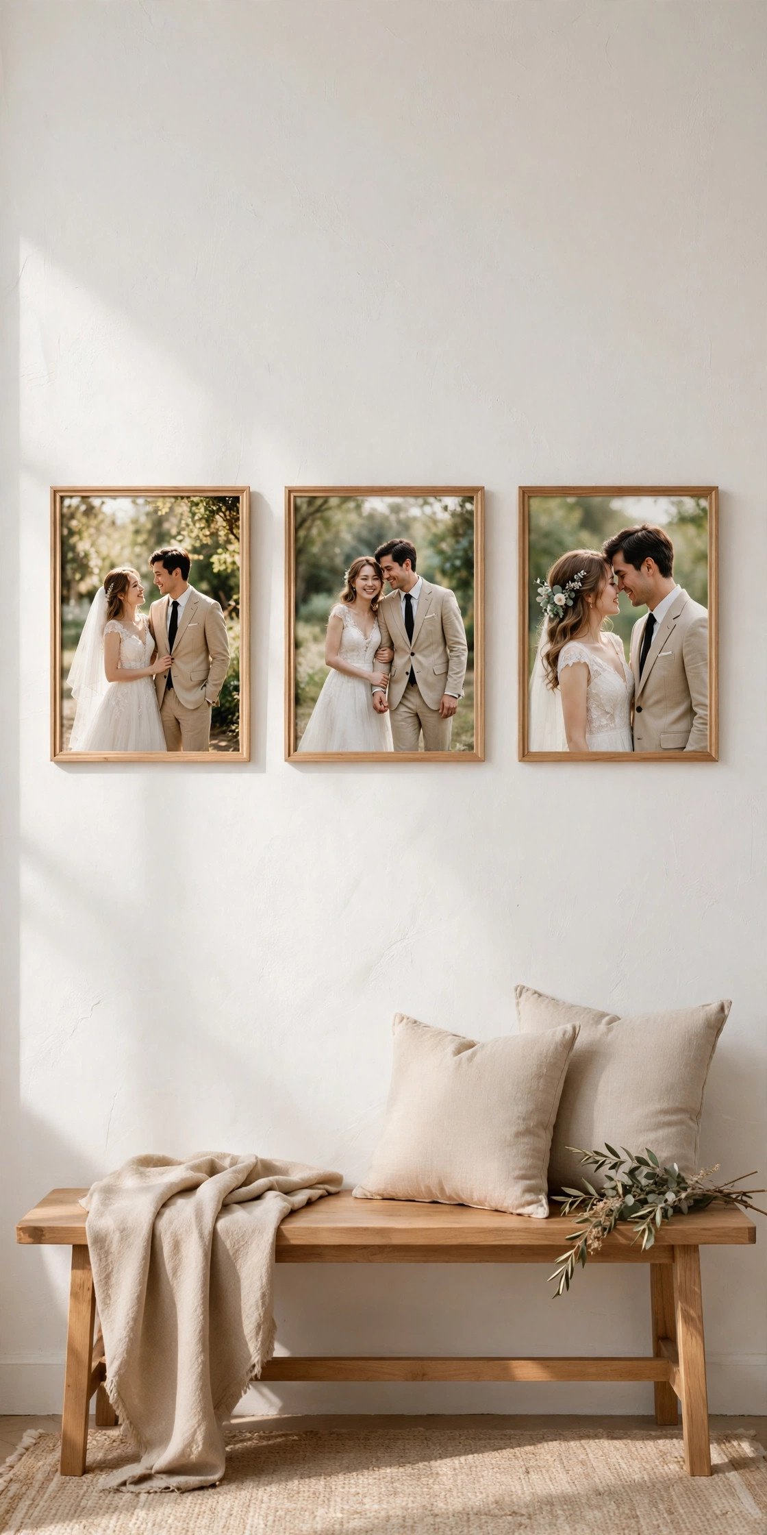 Gallery wall idea: minimalist Three-Frame Row — arranged wedding photos on a home wall