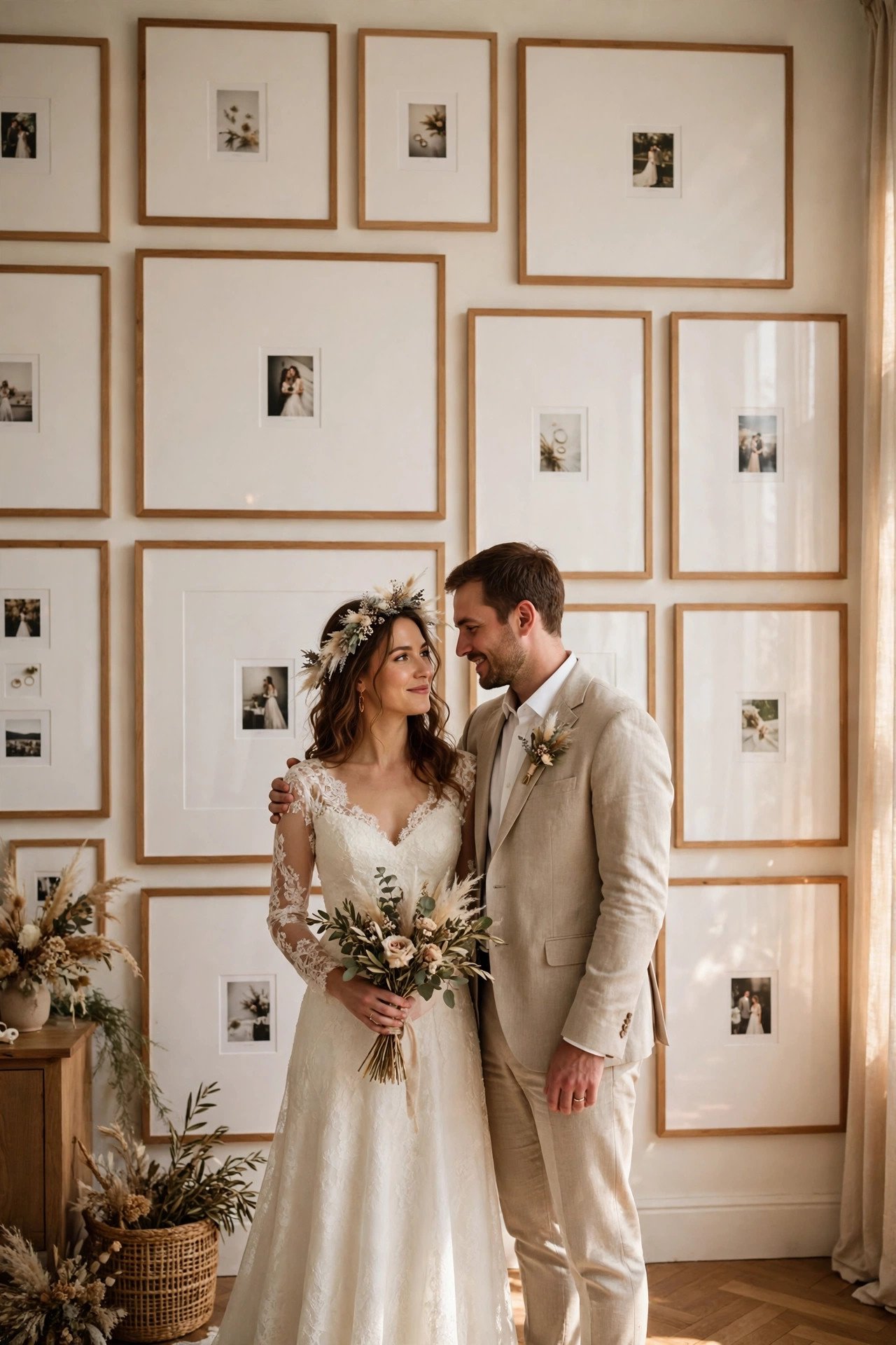 Gallery wall idea: oversized Mats, Small Prints — arranged wedding photos on a home wall