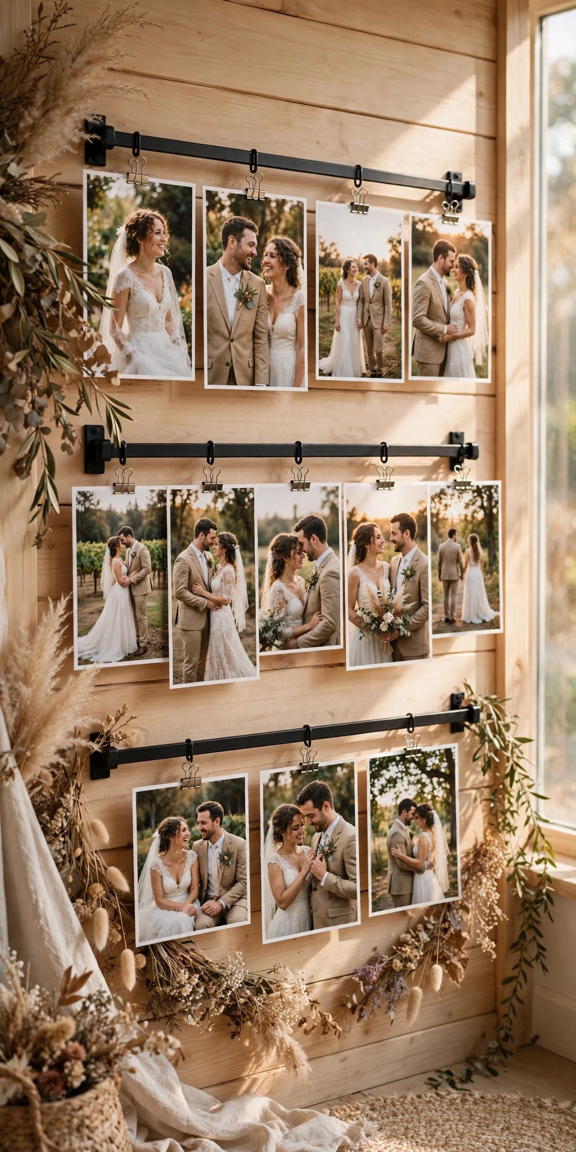 Gallery wall idea: clip Rails for Easy Swaps — arranged wedding photos on a home wall