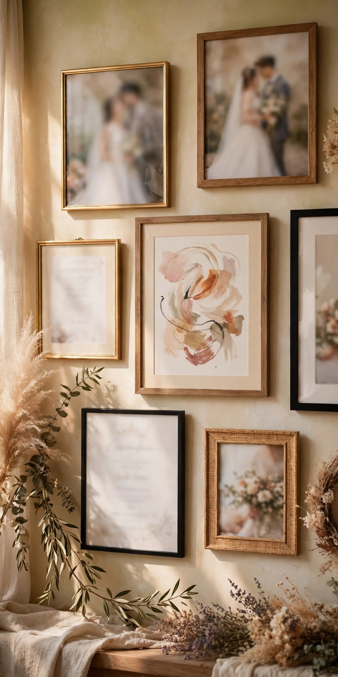 Gallery wall idea: wedding Wall With Vows and Invitation Framed In — arranged wedding photos on a home wall