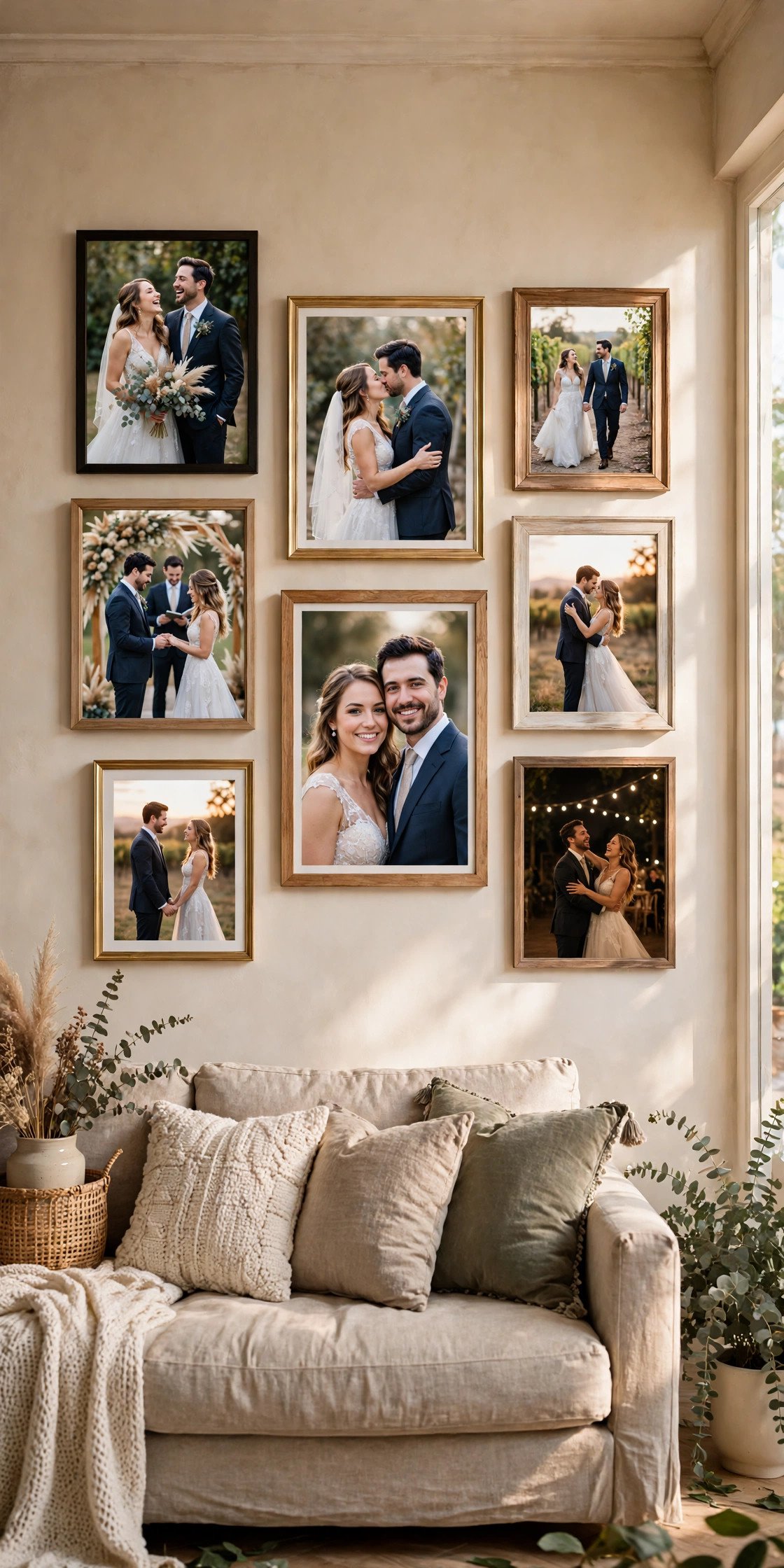 Wedding photo gallery wall with mixed frames arranged above a living room sofa