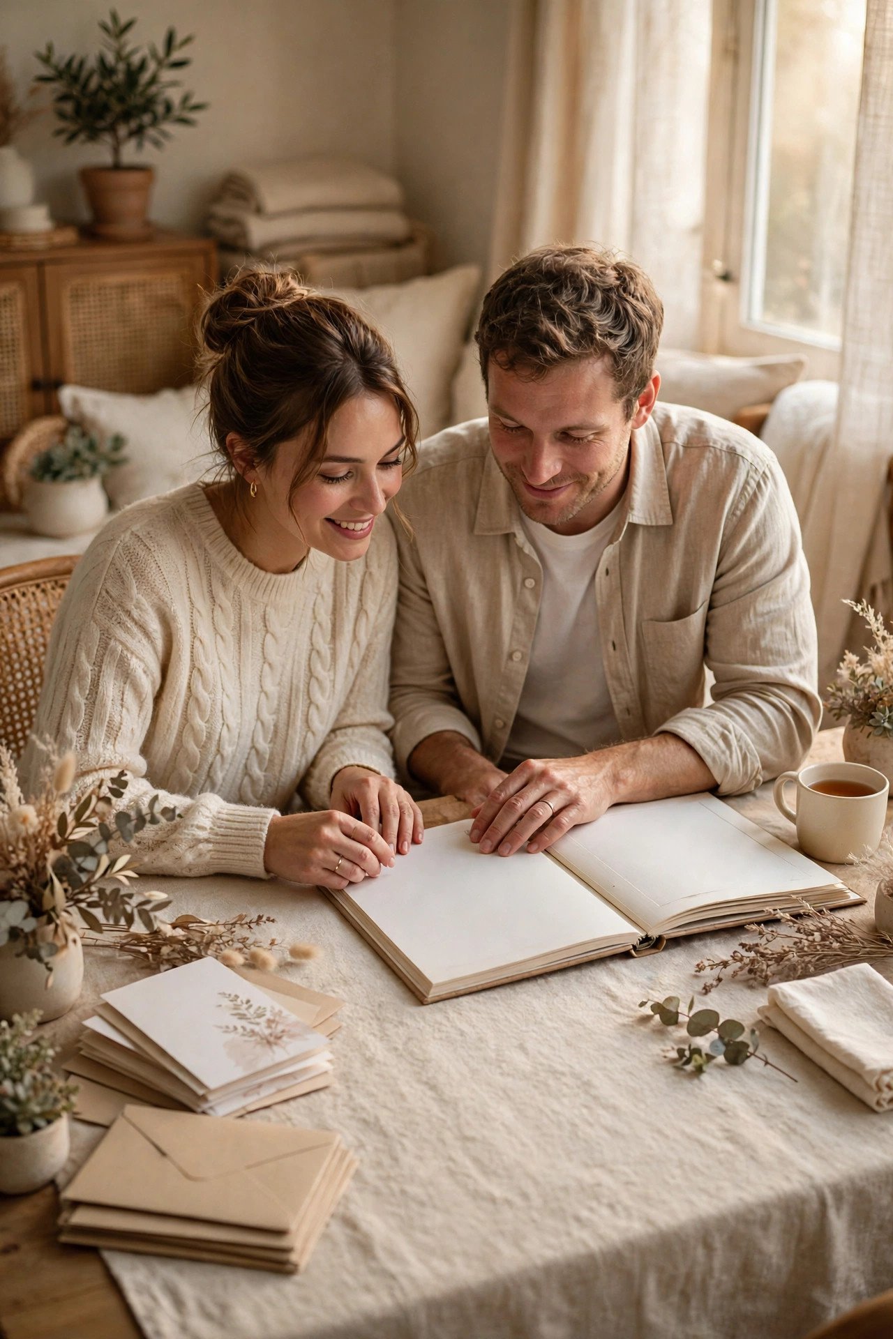 Newlywed couple at home working through a post-wedding checklist with their wedding album and cards
