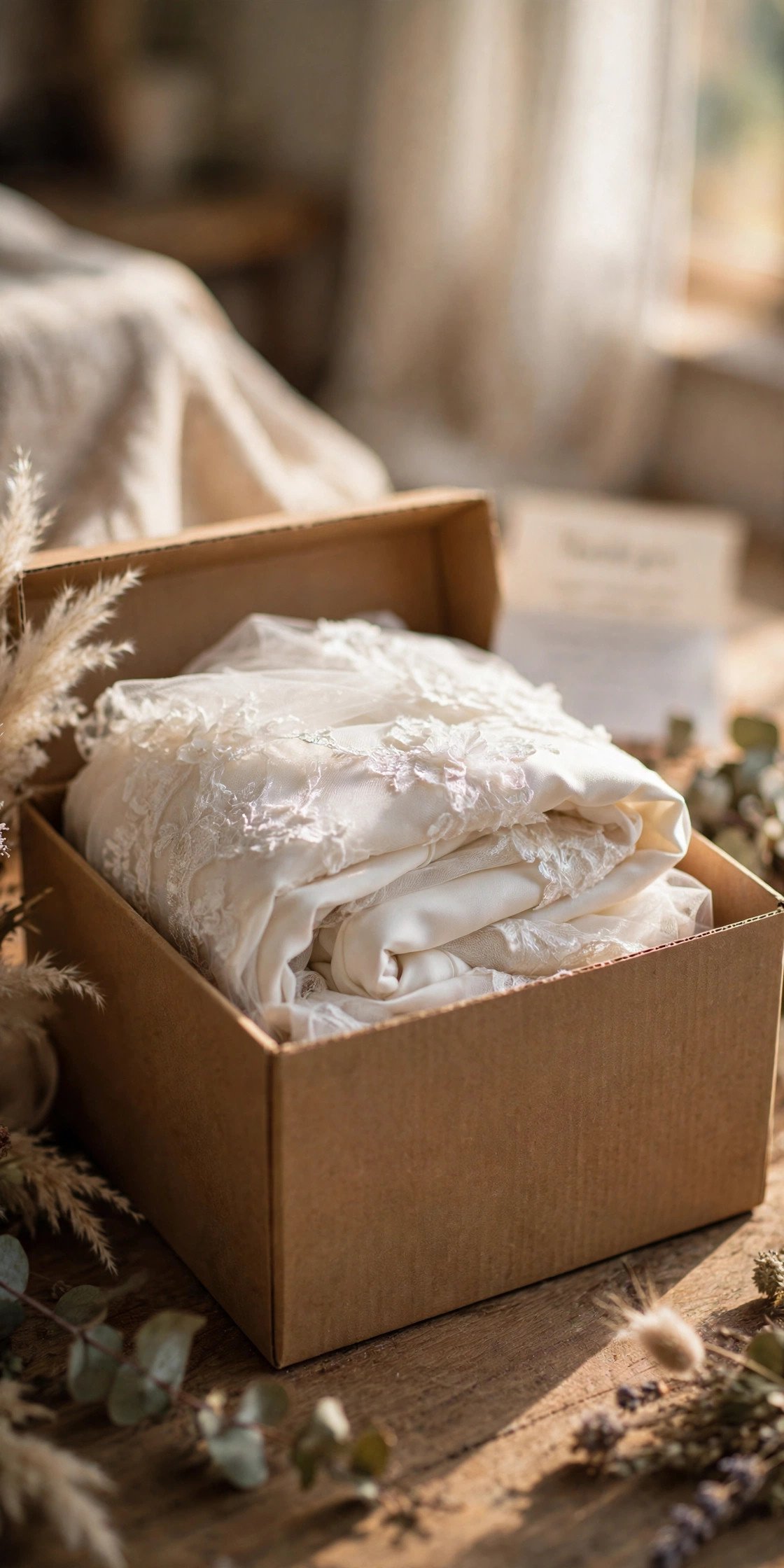 Wedding dress carefully folded into a donation box with a thank-you note