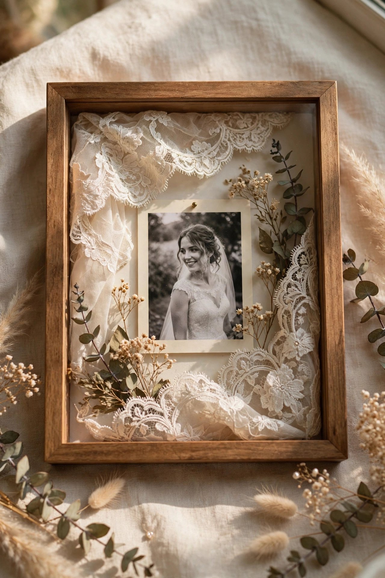 A Framed Lace Shadow Box — wedding dress keepsake photo