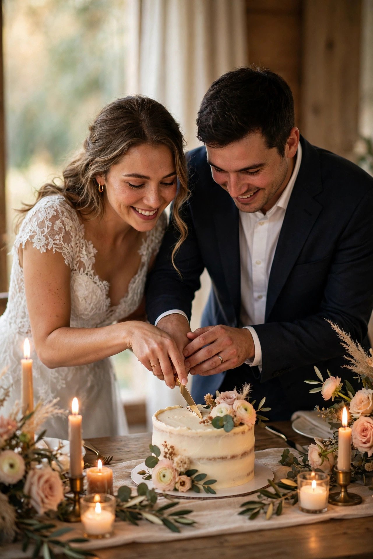 Couple cutting a small anniversary cake together at a candlelit table