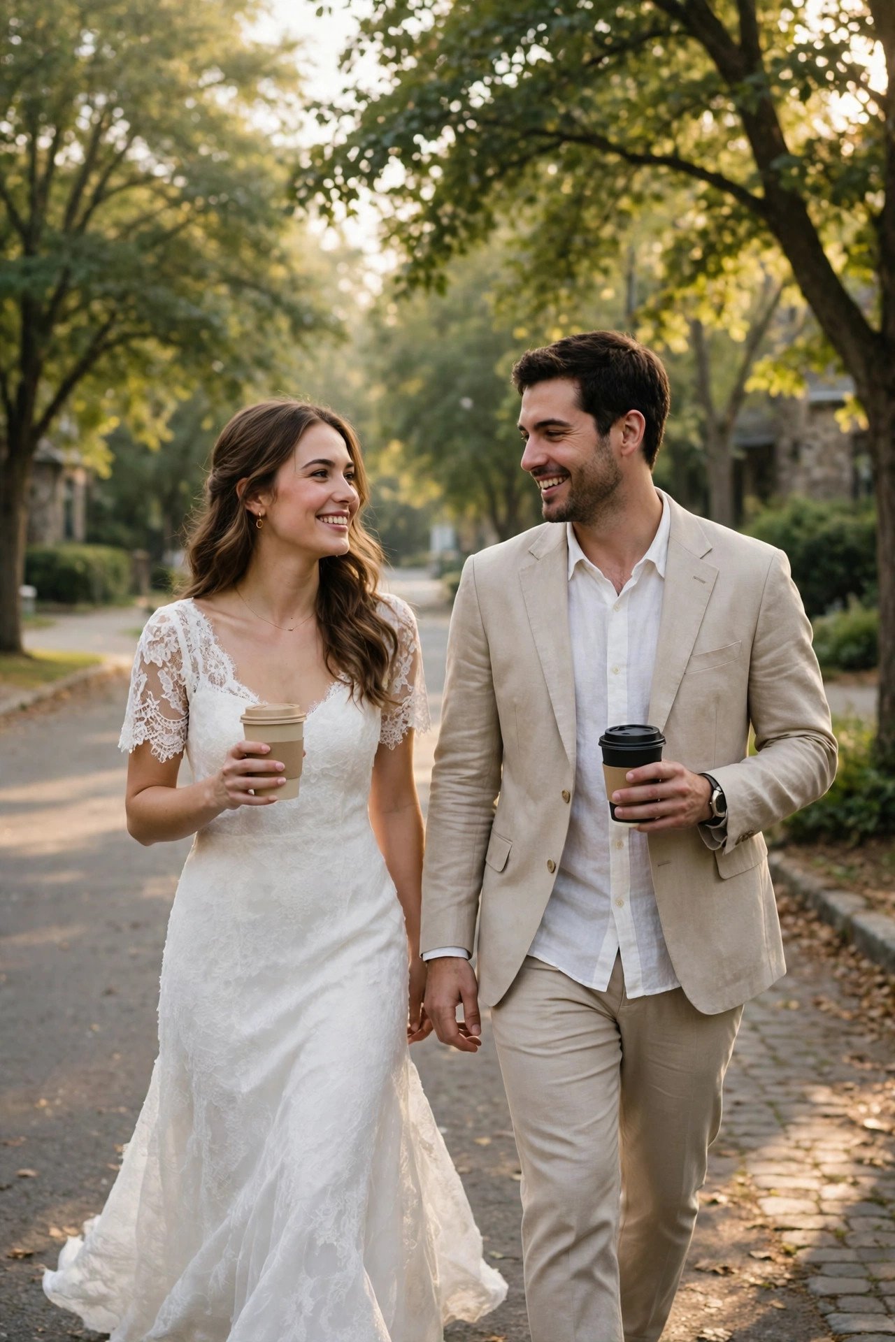 Couple on a relaxed morning walk together holding coffee cups