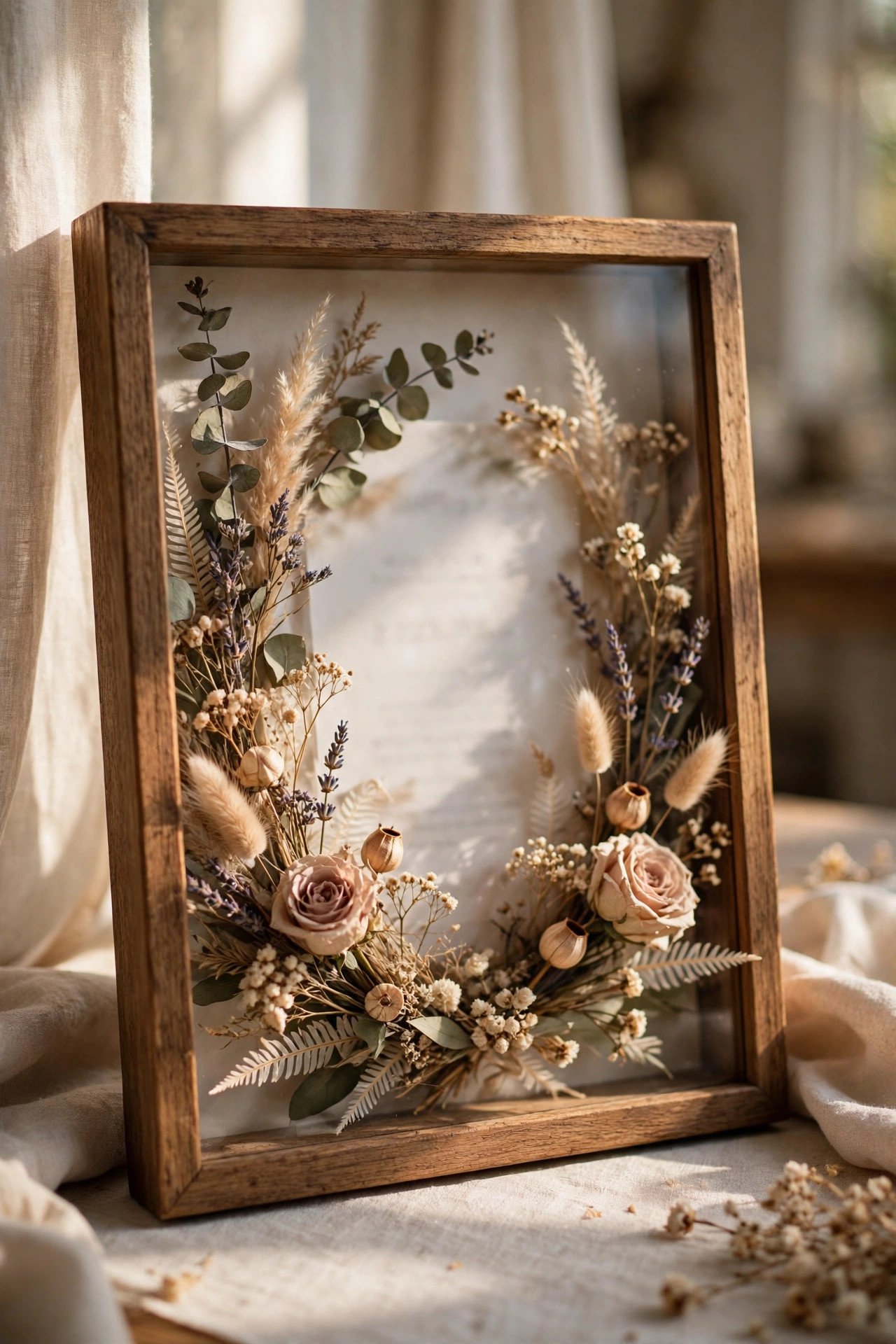 Shadow box frame displaying a wedding invitation with dried bouquet flowers