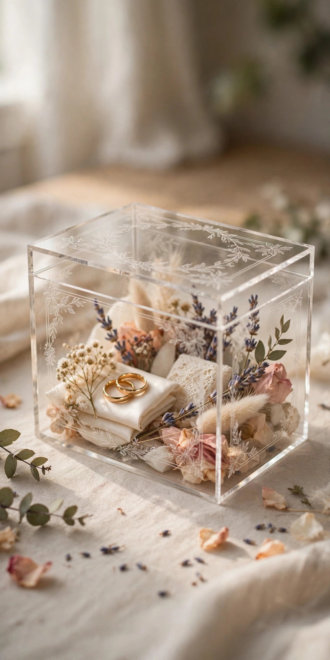 Clear acrylic keepsake box with engraved names holding wedding mementos